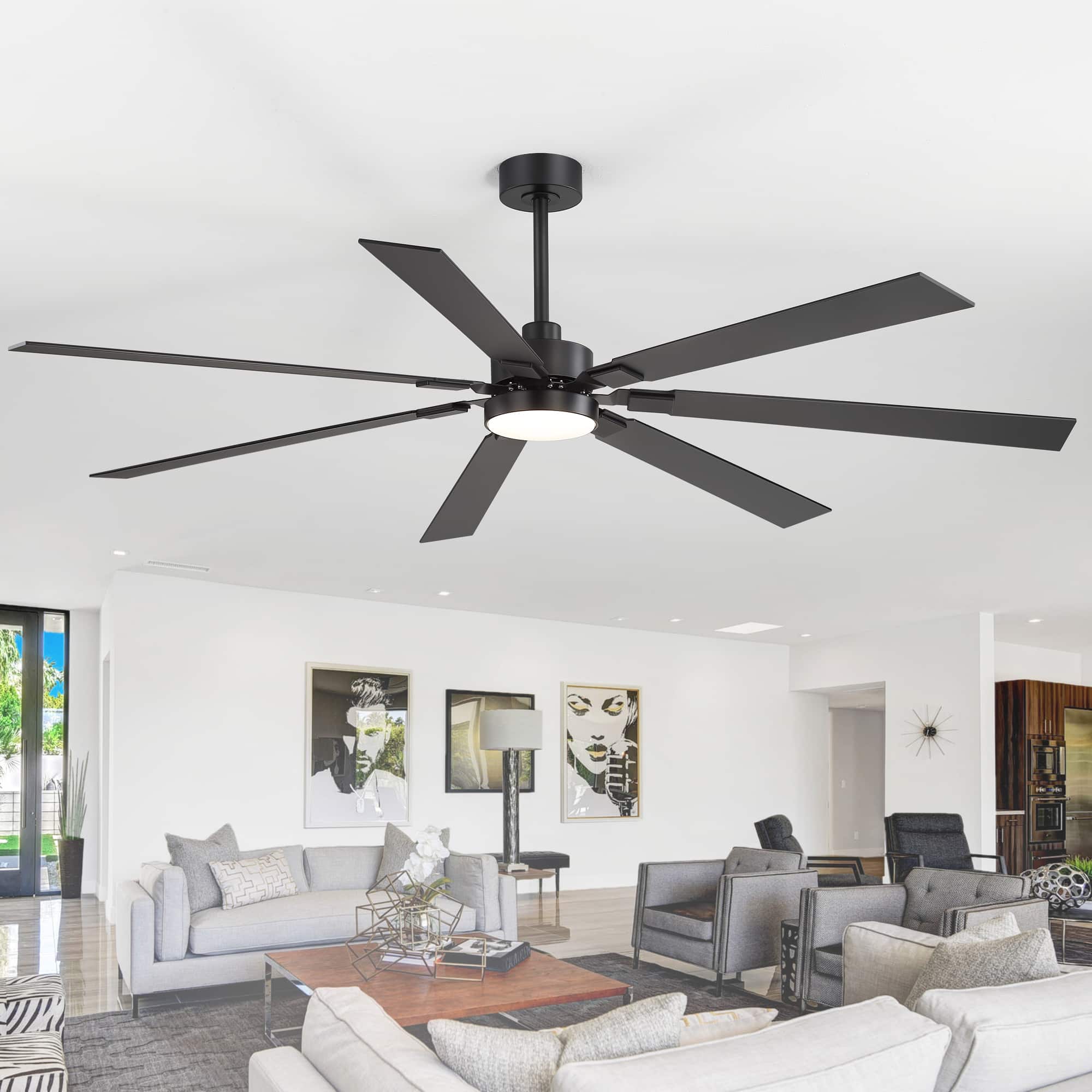Breezary - 72-Inch Modern Large Ceiling Fan with LED Light and Remote, 3 Downrods, 7 Reversible Blades, Timer, DC Motor 6 Speeds - Black