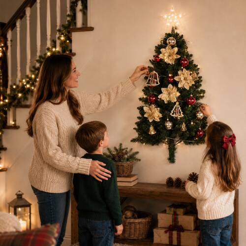 Alt View 10. Winado - 2PCS 3FT Christmas Hanging Half Wall Tree, Portable Mini Tree with Lights, Ornaments for Indoor Holiday Party Decoration - Green.