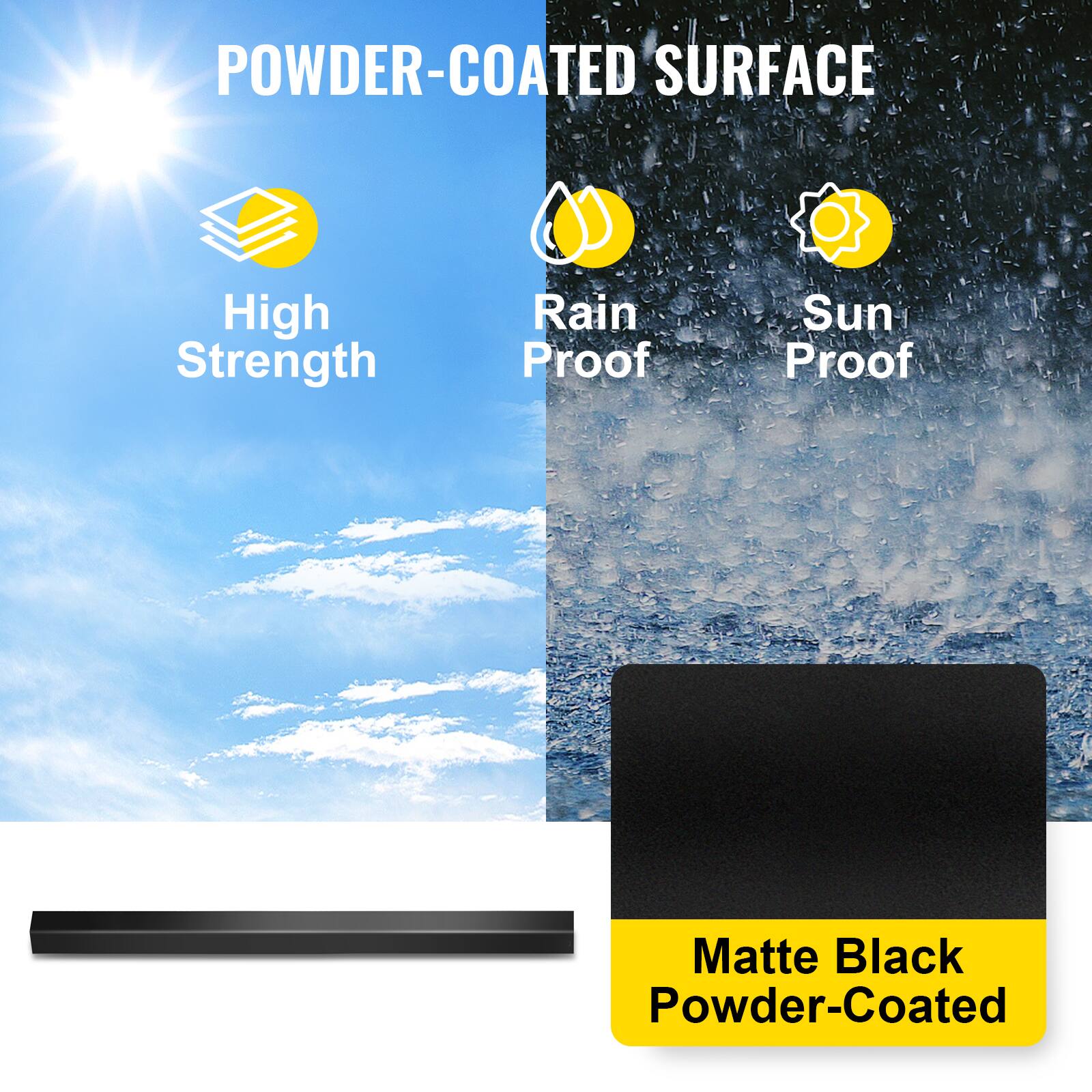 The corrected text from the image is:

"POWDER-COATED SURFACE
High Strength
Rain Proof
Sun Proof
Matte Black Powder-Coated"
