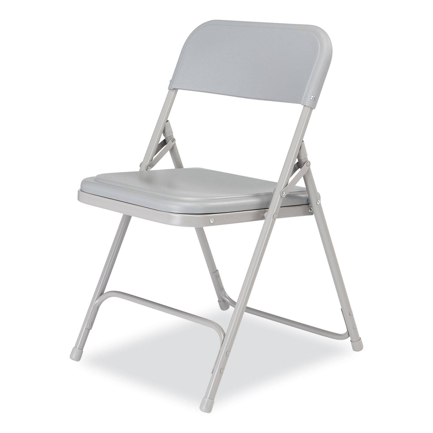 Left. National Brand - 800 Series Premium Plastic Folding Chair Supports Up to 500 lb 18 Seat Height Gray Seat Gray Back Gray Base 4/Carton - Gray.