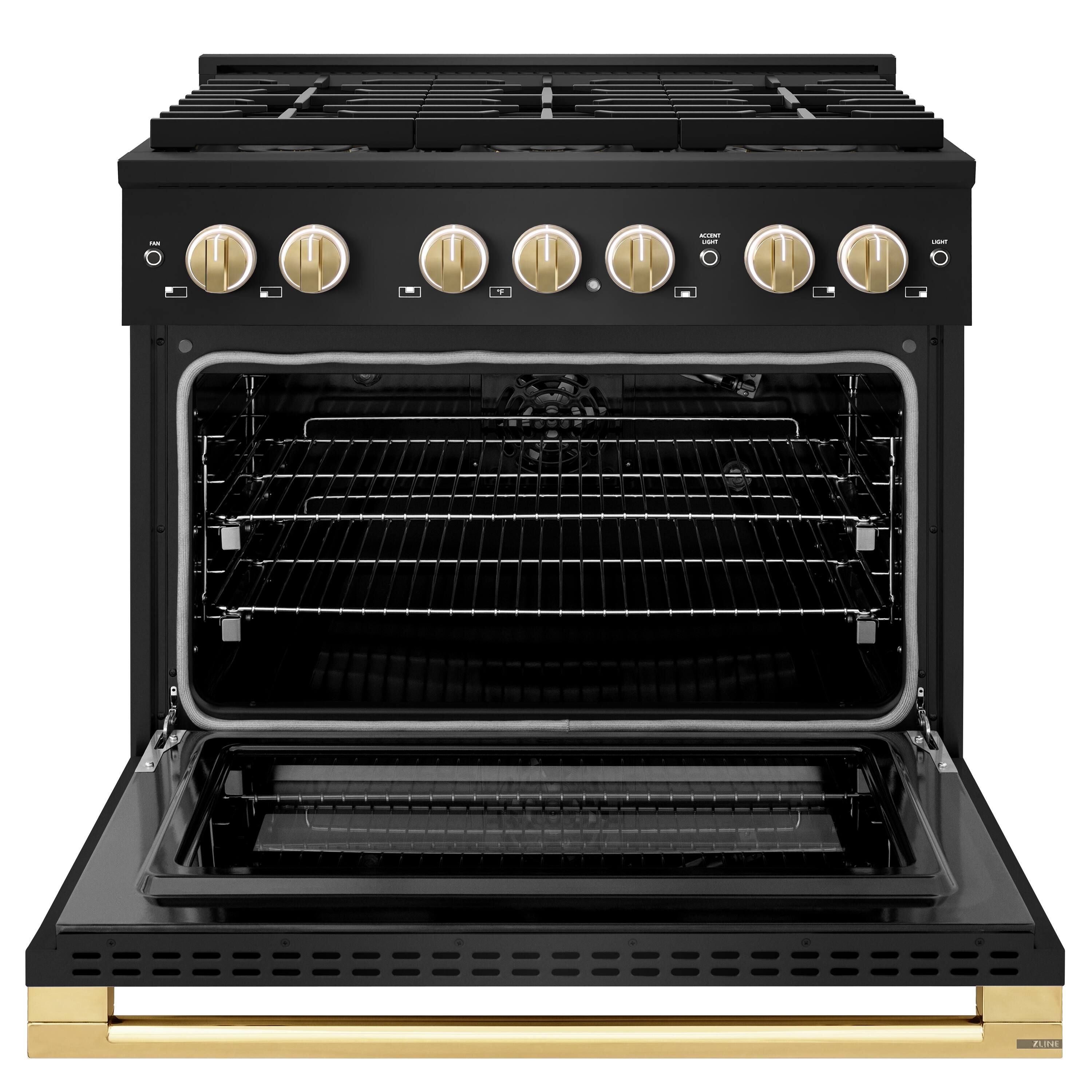 Angle. ZLINE - Autograph 36 in. 5.2 cu. ft. Marino Freestanding Manual Clean Gas Range with DuoPro Cooktop with Gold Accents - Black Stainless Steel.