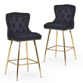 Boyel Living - Bar Stools Set of 2 Velvet Counter Height Bar Stools with Metal Legs Button Tufted and Nailheads Trim - Black