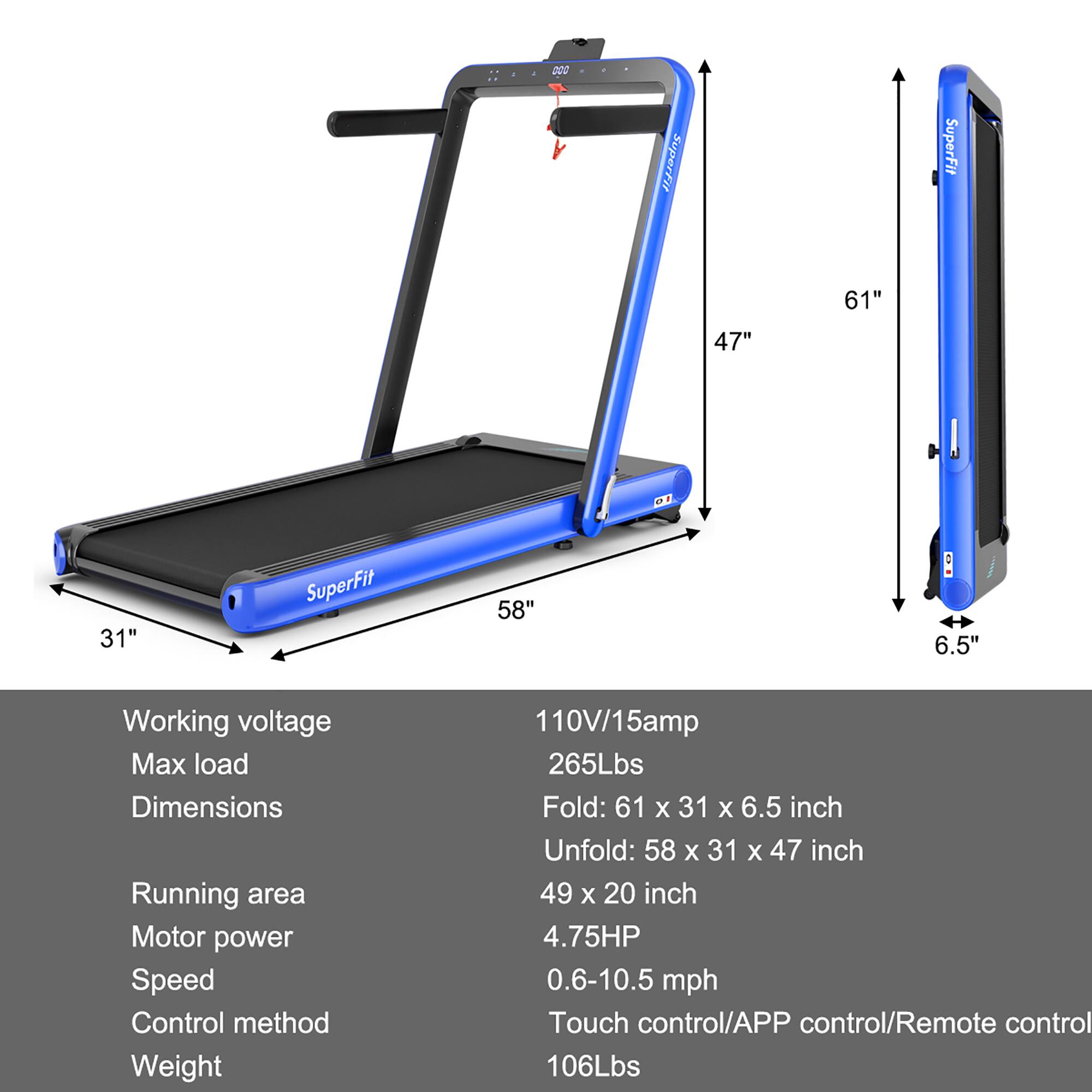 The image shows a blue treadmill with a foldable design. The dimensions of the treadmill are 61" x 47" x 31" when folded and 58" x 47" x 6.5" when unfolded. The treadmill has a maximum load capacity of 265 lbs and is designed to work on 110V/15amp. The running area is 49 x 20 inches, and the motor power is 4.75HP. The treadmill has a speed range of 0.6-10.5 mph, and it can be controlled using touch control, an app, or a remote control. The weight of the treadmill is 106 lbs.