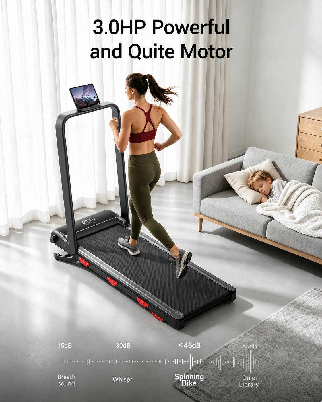 3.0HP Powerful and Quiet Motor

ET 13

15dB 30dB <45dB 55dB

Breath sound Whisper Spinning Bike Quiet Library