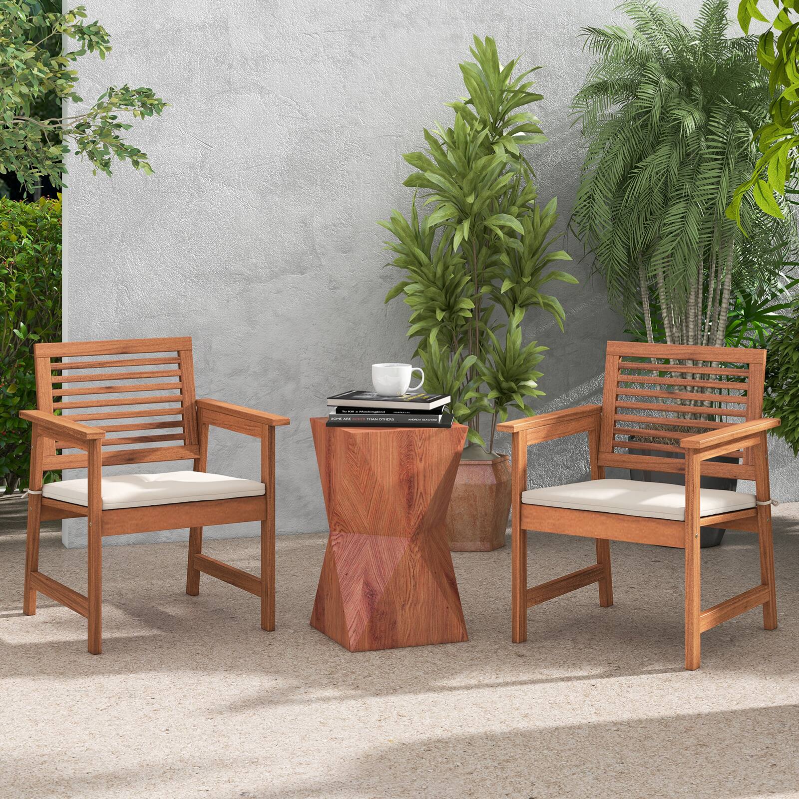 Alt View 3. Costway - Costway Set of 4 Outdoor Dining Chair Patio Solid Wood Chairs with Comfortable Cushions - Natural,White.