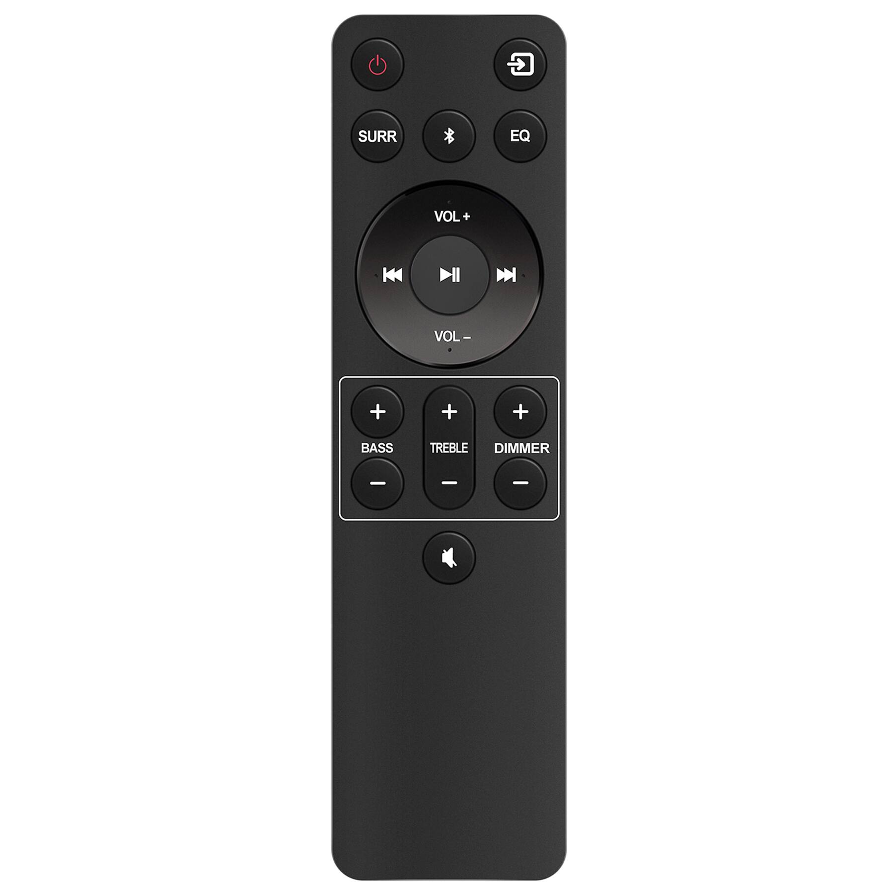 Sure, here is the corrected and grouped text from the image:

- Power
- Surr
- Dol+
- Vol+
- Vol-
- Eq
- Bass
- Treble
- Dimmer
- Play/Pause
- Previous
- Next