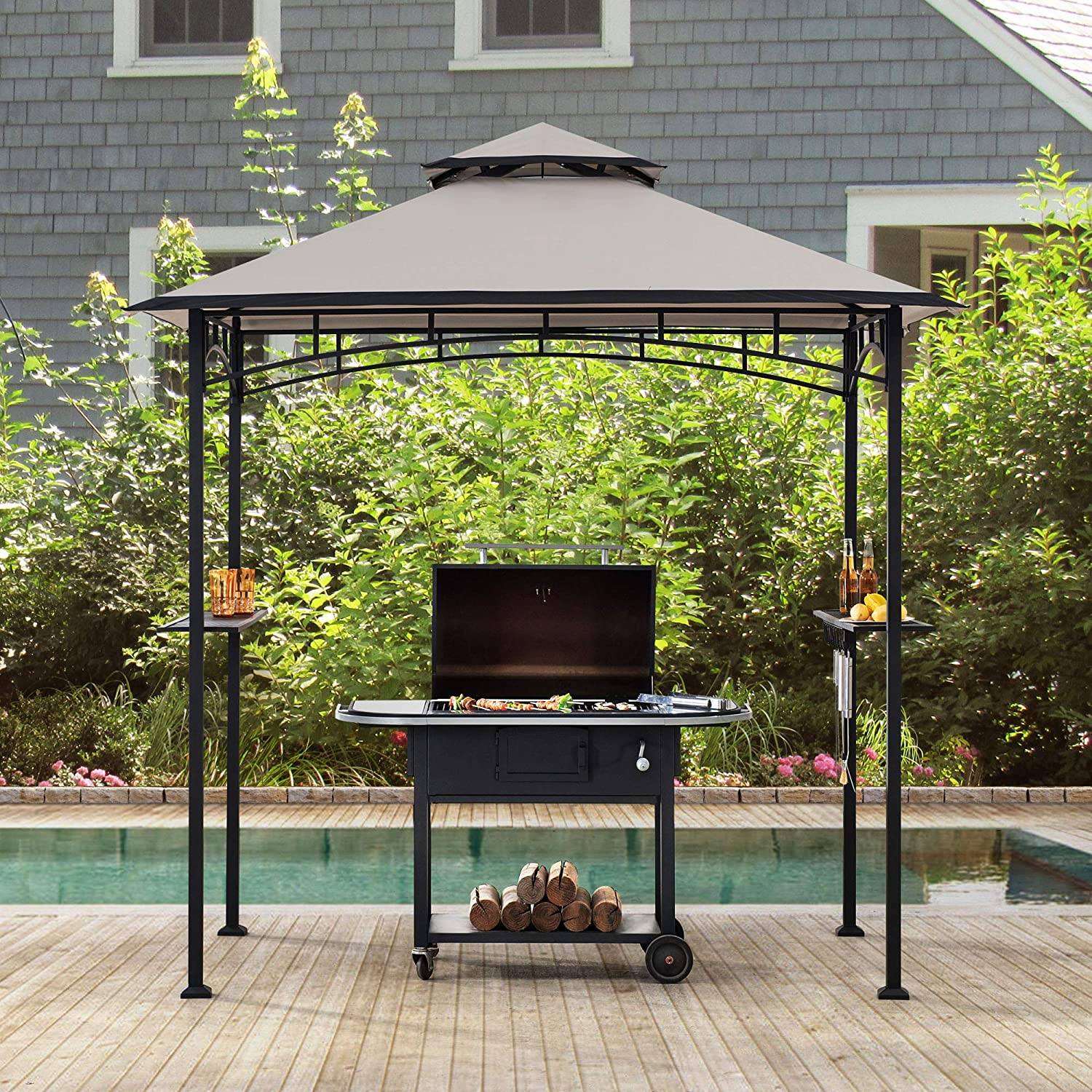 Front. SUNJOY - Sunjoy 5 ft. x 8 ft. Black Steel 2-tier Grill Gazebo with Gray and Black Canopy - Gray and Black.