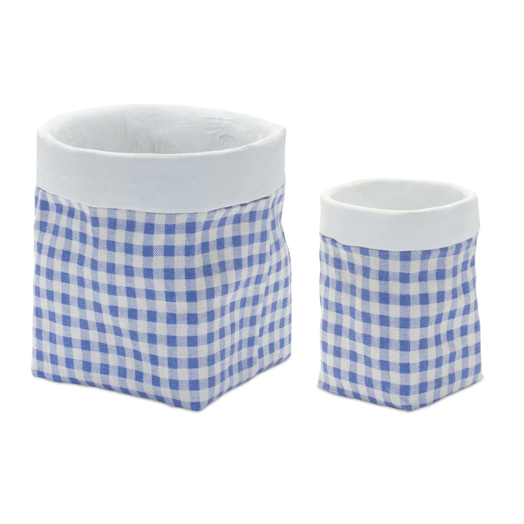 Front. BreeBe - Gingham Sack Design Stone Planter (Set of 2) - Blue, White.