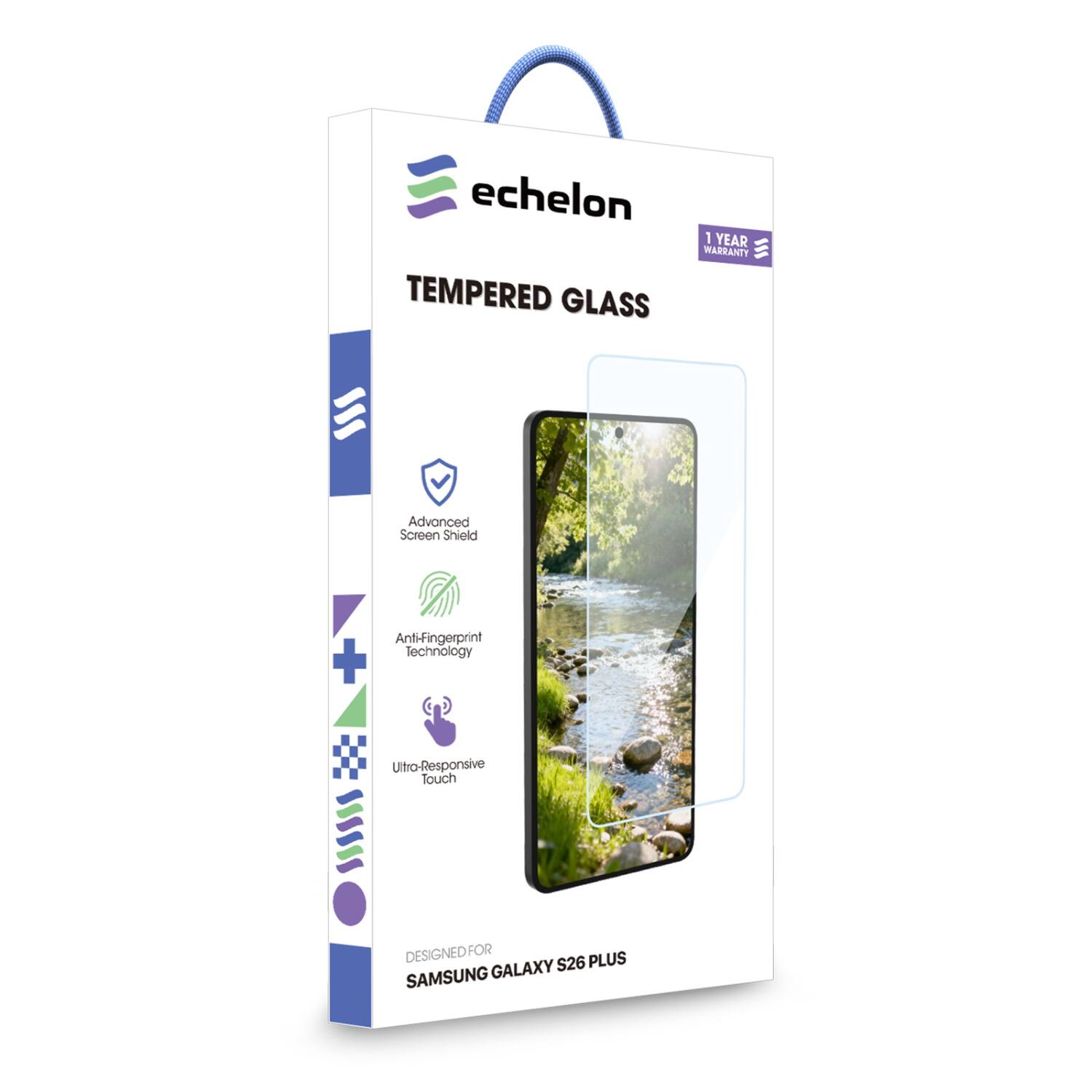 Echelon Tempered Glass 1 Year Warranty  
Advanced Screen Shield  
Anti-Fingerprint Technology  
Ultra-Responsive Touch  
Designed for Samsung Galaxy S26 Plus  
$26 Plus