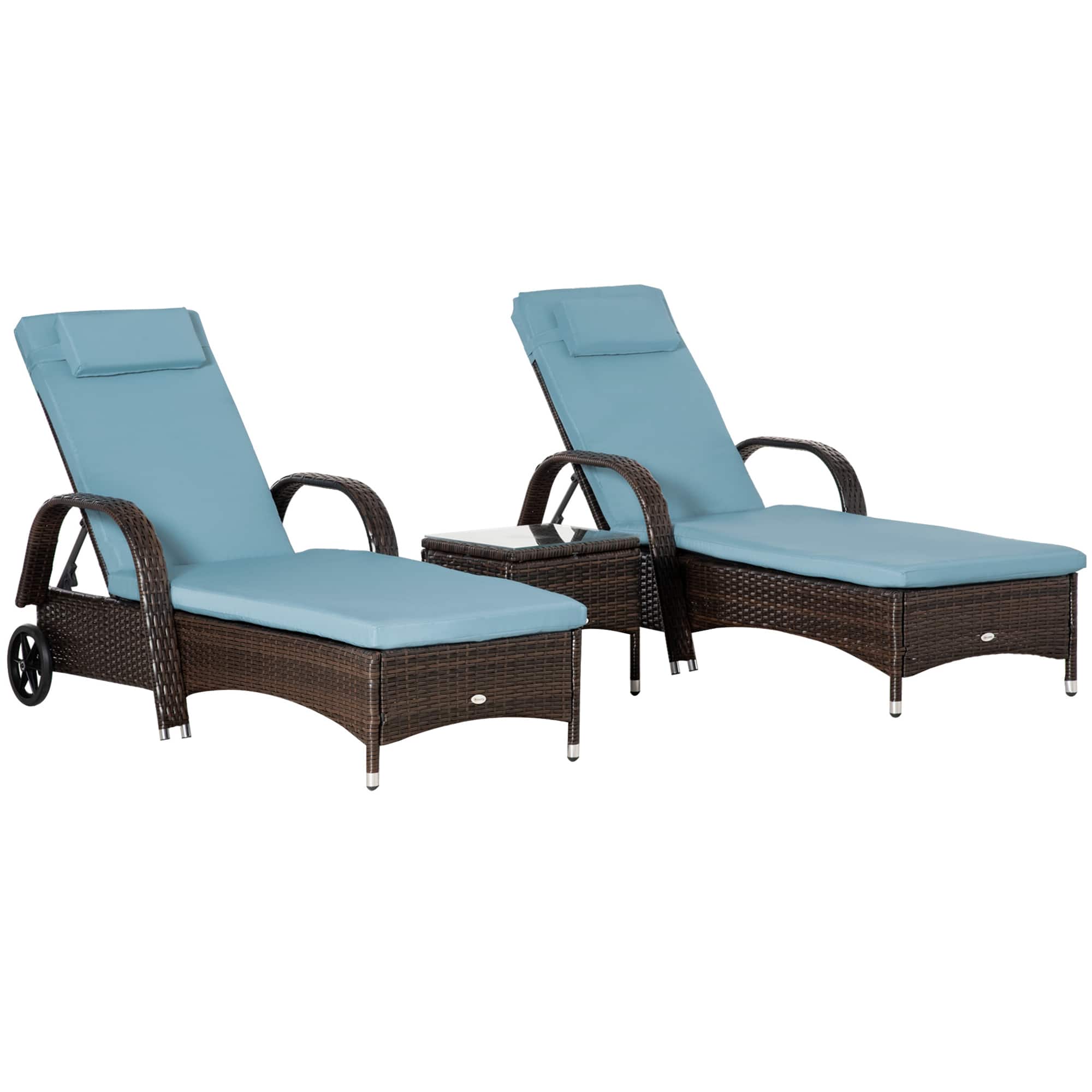 Outsunny - Wicker Outdoor Chaise Lounge Chair Set of 3 with Side Table, 5-Level Adjustable Backrest PE Rattan Pool Lounge Chair - Brown, Gray