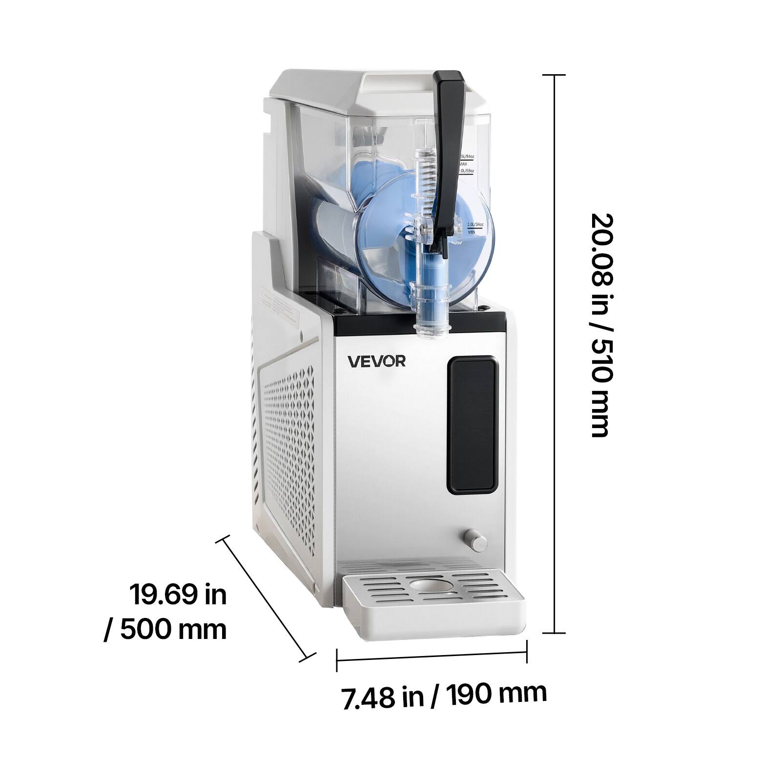 VEVOR - 20.08 in / 510 mm  
19.69 in / 500 mm  
7.48 in / 190 mm