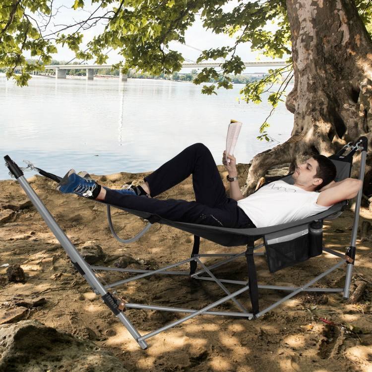 Left. Hivvago - Grey Portable Camping Foldable Hammock with Stand and Carry Case - Grey.