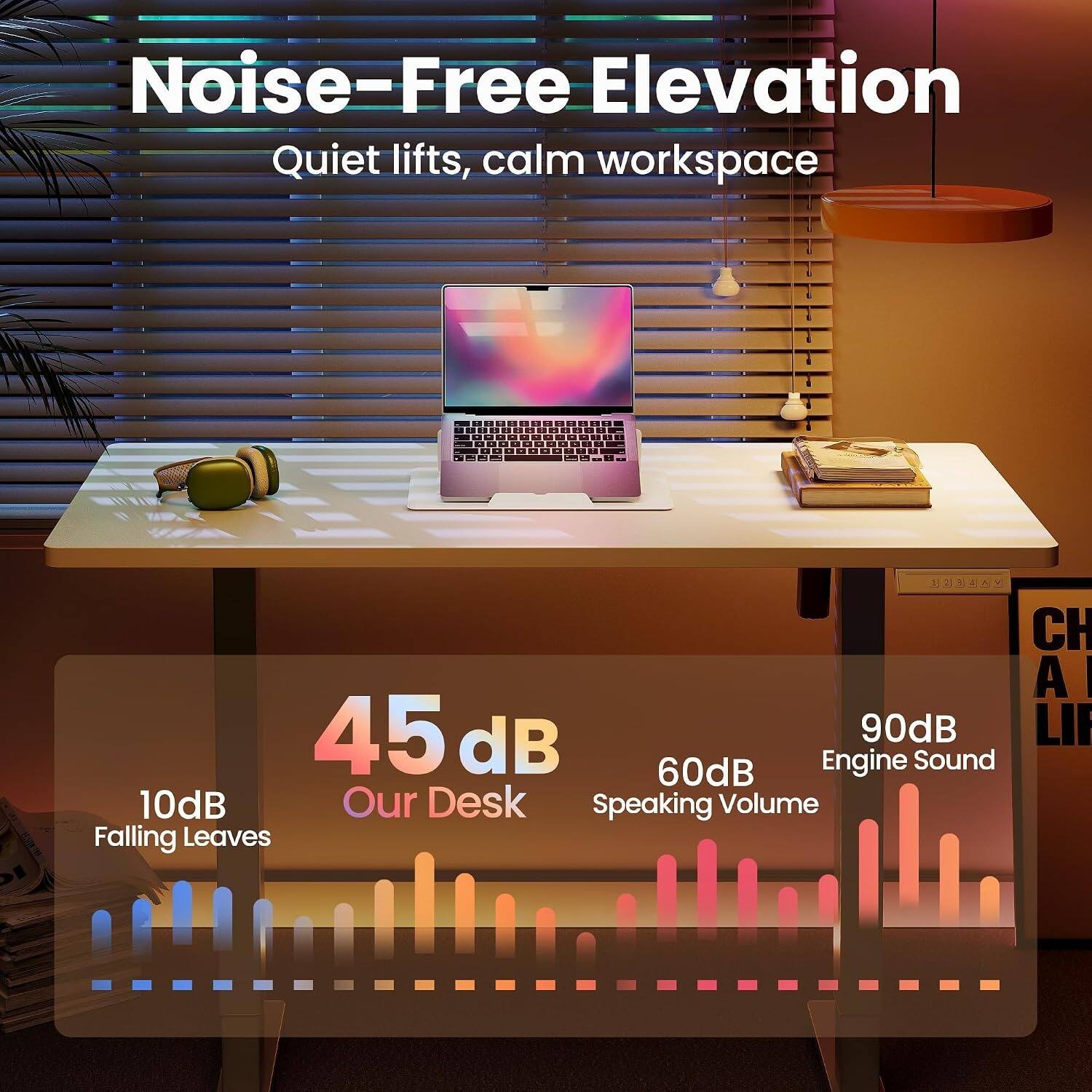 Noise-Free Elevation  
Quiet lifts, calm workspace  

45 dB  
Our Desk  

10dB  
Falling Leaves  

60dB  
Speaking Volume  

90dB  
Engine Sound