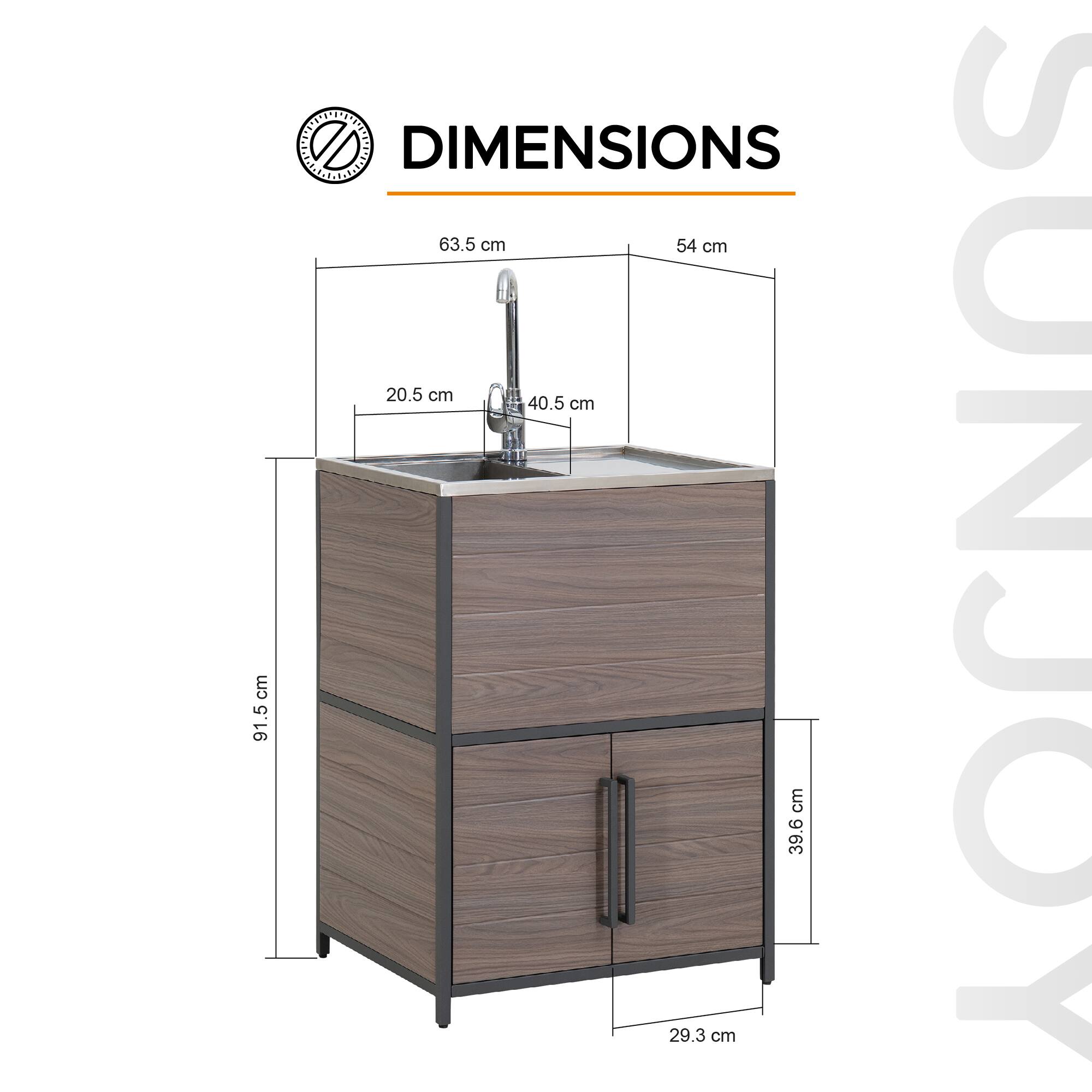 DIMENSIONS

- Width: 54 cm
- Depth: 63.5 cm
- Height: 91.5 cm
- Sink Width: 40.5 cm
- Sink Depth: 20.5 cm
- Drawer Height: 39.6 cm
- Drawer Width: 29.3 cm