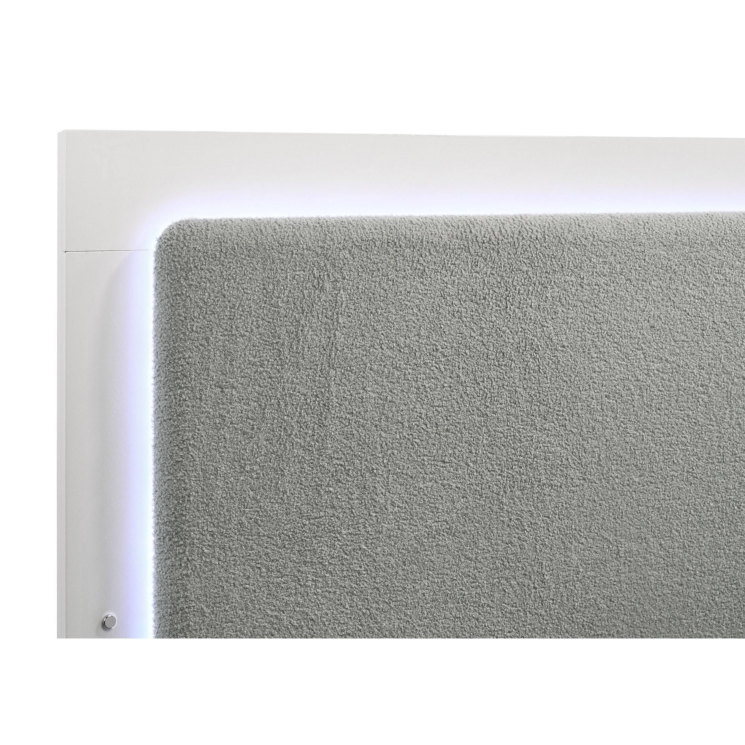 Alt View 2. Manhattan Lane - Caer Queen Size Bed, LED Panel Tall Headboard, Gray Upholstery, White Okume - White, Gray, Gold.