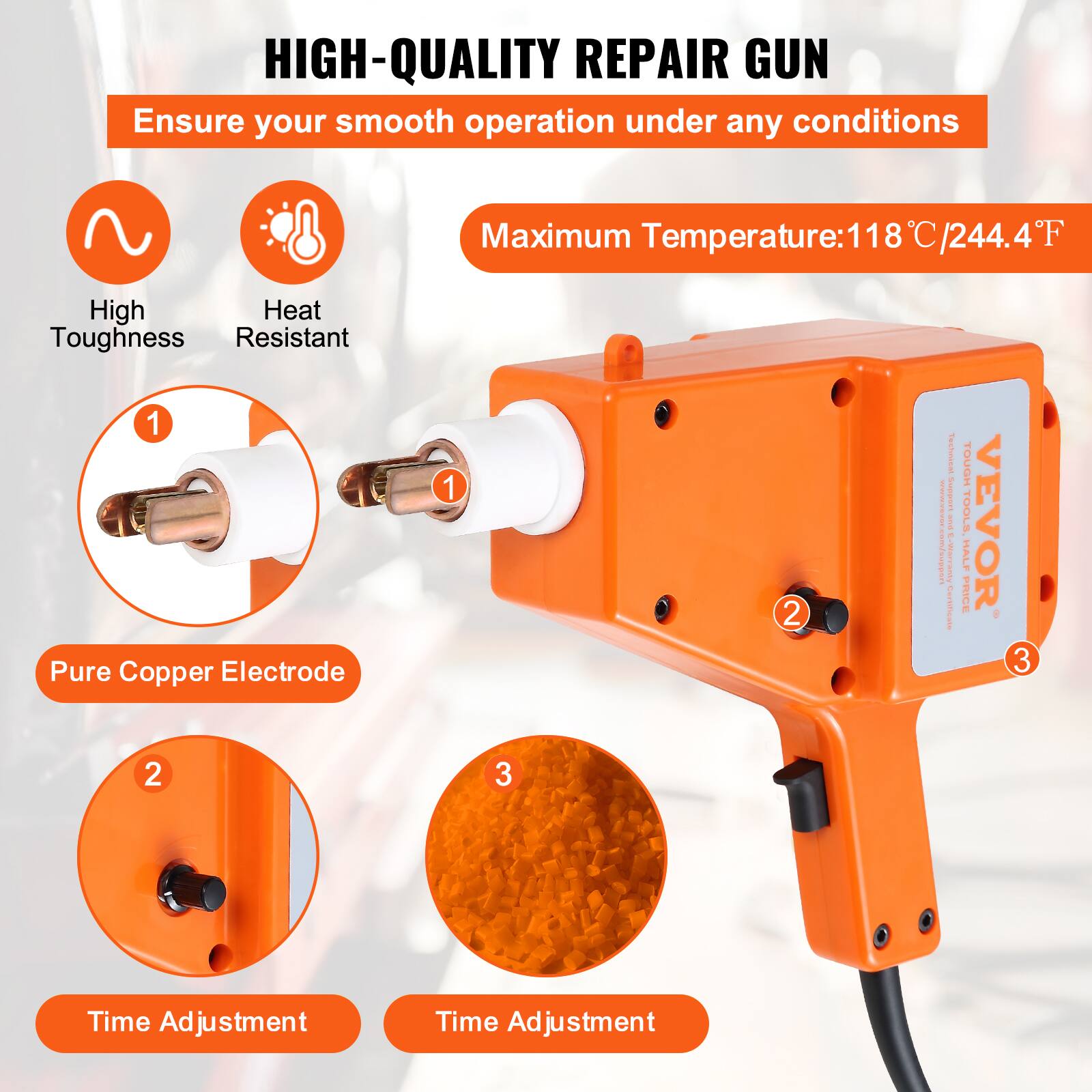 HIGH-QUALITY REPAIR GUN  
Ensure your smooth operation under any conditions  

Maximum Temperature: 118°C / 244.4°F  

- High Toughness  
- Heat Resistant  

1. Pure Copper Electrode  
2. Time Adjustment  
3. Time Adjustment