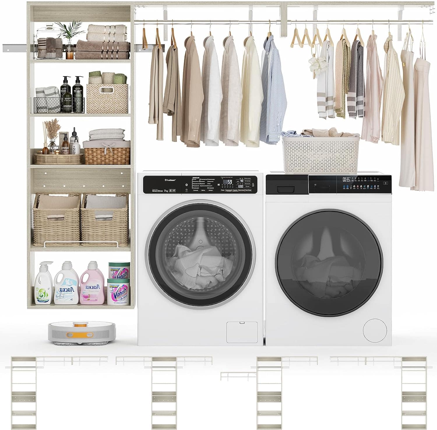 Aheaplus - 8FT Wall Mount Over Washer Dryer Shelf, 6-Tier Heavy-Duty Laundry Organizer w/ Adjustable Shelves & Drying Rack - White Oak