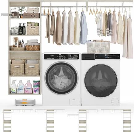 Front. Aheaplus - 8FT Wall Mount Over Washer Dryer Shelf, 6-Tier Heavy-Duty Laundry Organizer w/ Adjustable Shelves & Drying Rack - White Oak.
