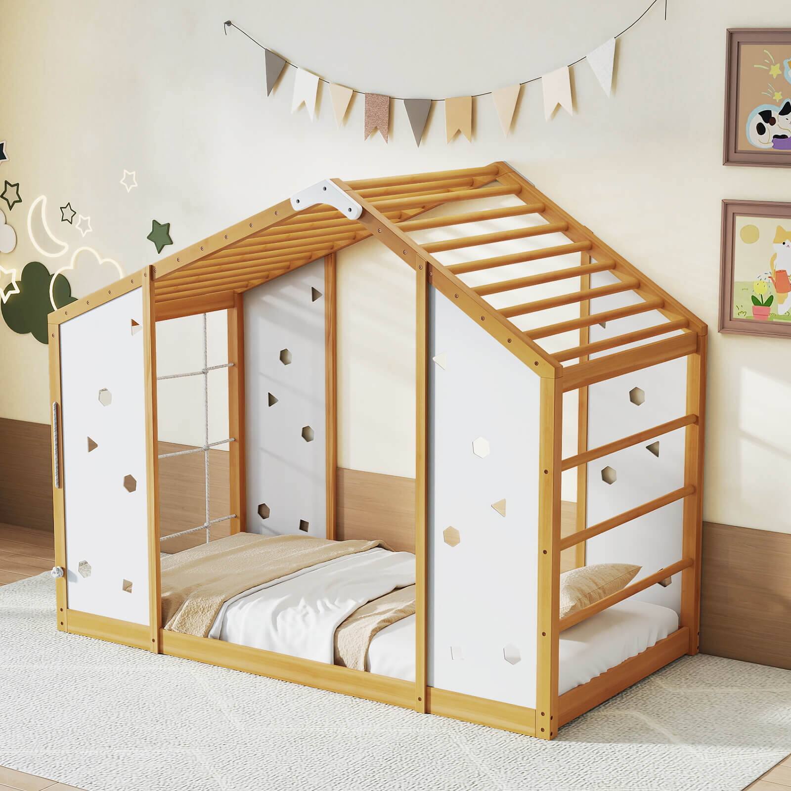 Alt View 1. Costway - Costway Twin Size Climbing Bed, 2-in-1 Montessori Floor Bed with Monkey Bars for Boys Girls - Beige.