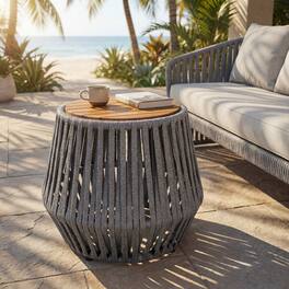 Loheer - Outdoor Side Table Acacia Wood Rope Design Teak Finish - Gray