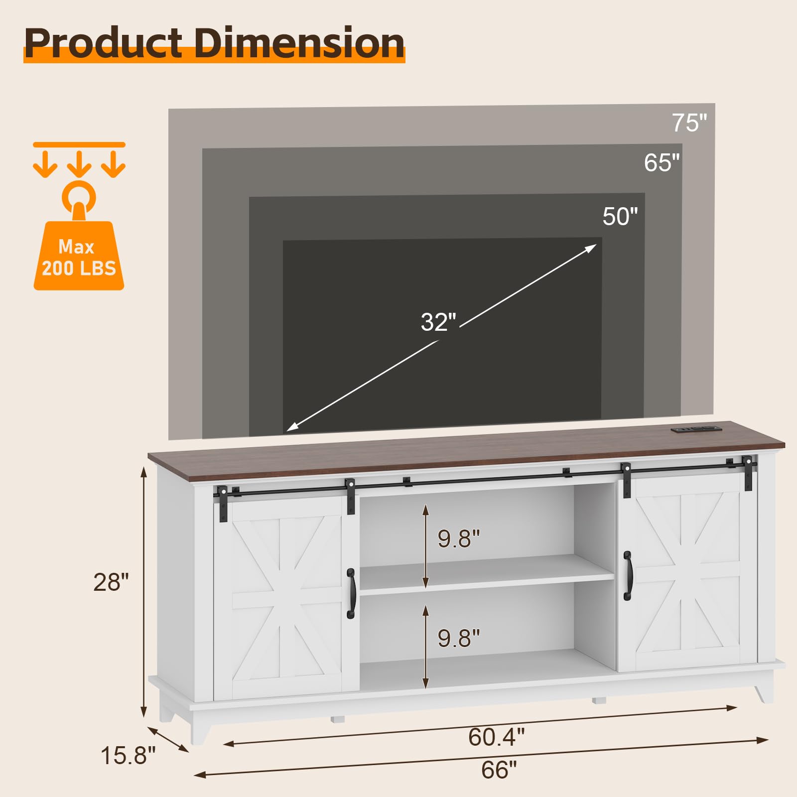 Product Dimension  
Max 200 LBS  
75" x 65" x 50"  
32"  
28" x 15.8"  
60.4" x 66"  
9.8" x 9.8"