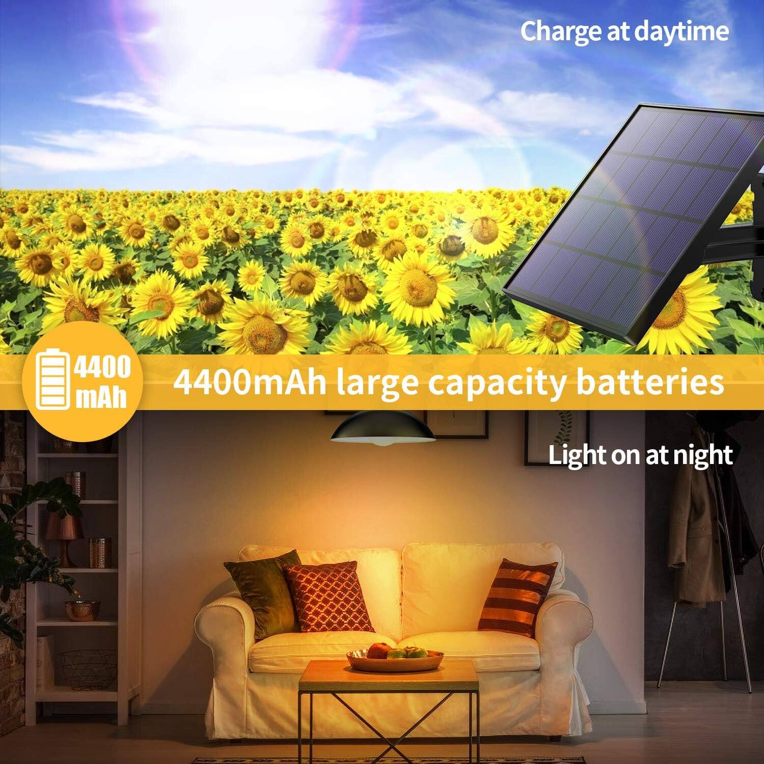 Charge at daytime  
4400 mAh  
4400mAh large capacity batteries  
Light on at night