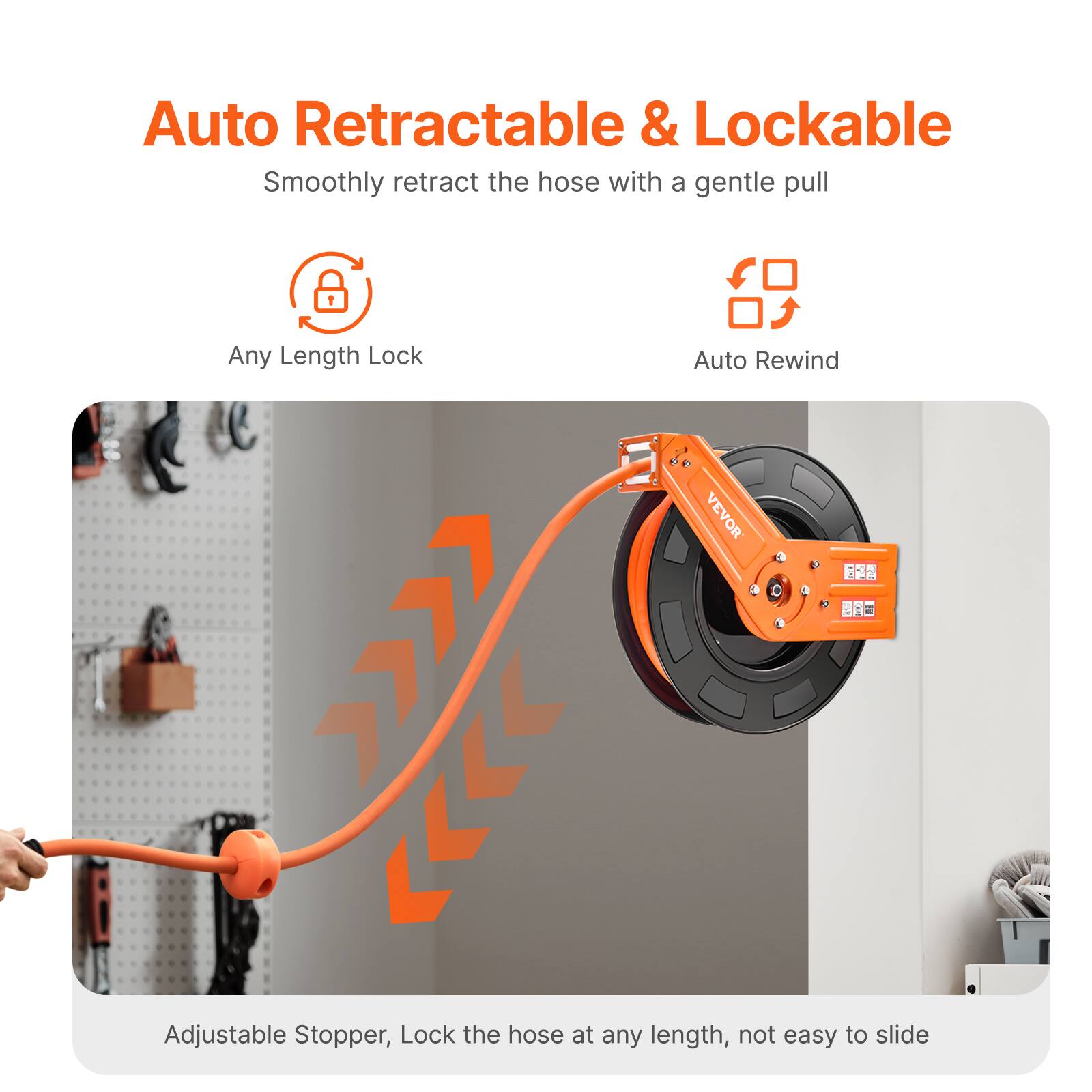 Auto Retractable & Lockable  
Smoothly retract the hose with a gentle pull  

Any Length Lock  
Auto Rewind  

Adjustable Stopper, Lock the hose at any length, not easy to slide