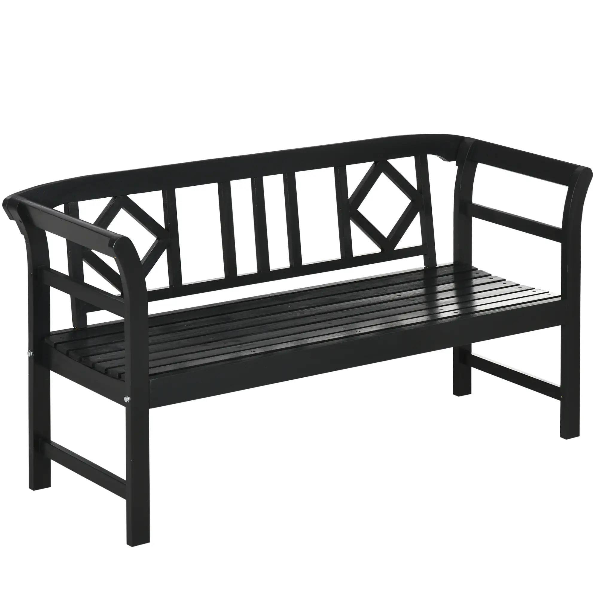 Angle. Resenkos - Resenkos Wooden Bench, Rustic Diamond Pattern, 3-Seater Outdoor Porch Bench, Comfortable Back & Armrests, Black - Black.