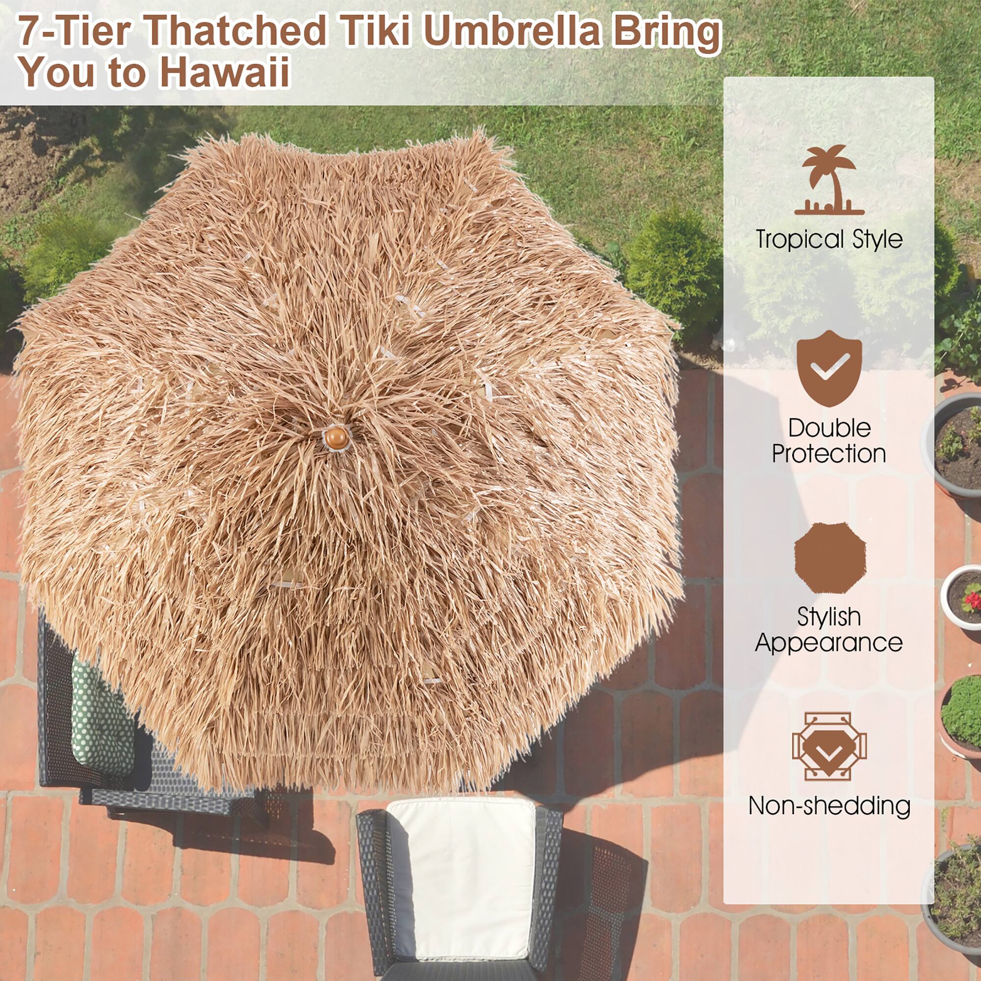 The text on the image is grouped and corrected as follows:

"7-Tier Thatched Tiki Umbrella Brings You to Hawaii: Tropical Style, Double Protection, Stylish Appearance, Non-shedding."