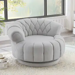 Whisen - 45.9" Oversized Round Swivel Sofa Accent Chair with Tufted Back and Chenille Upholstery - Gray