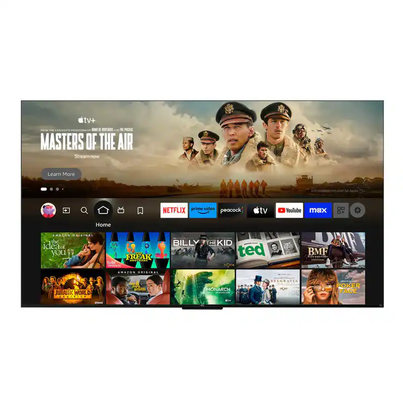 Here is the corrected and grouped text:

**Top Banner:**
- "tv+"
- "MASTERS OF THE AIR"
- "Stream now"
- "Learn More"
- "Subscription required for Apple TV+"

**Streaming Services:**
- "NETFLIX"
- "prime video"
- "peacock tv"
- "YouTube"
- "max"
- "Home"
- "AMAZON"
- "BOSINAL"

**Popular Shows and Movies:**
- "The Idea You"
- "FREAK"
- "AROTERL"
- "RUNA"
- "BILLY THE KID"
- "ted"
- "BMF"
- "UR"
- "AMAZON ORIGINAL"
- "JURASSK WORLD"
- "A"
- "YE"
- "soraide"
- "MONARCH"
- "BEIGRAVIA"
- "POKER FACE"
- "STARS"

This text appears to be a mix of titles and services from a streaming platform interface.