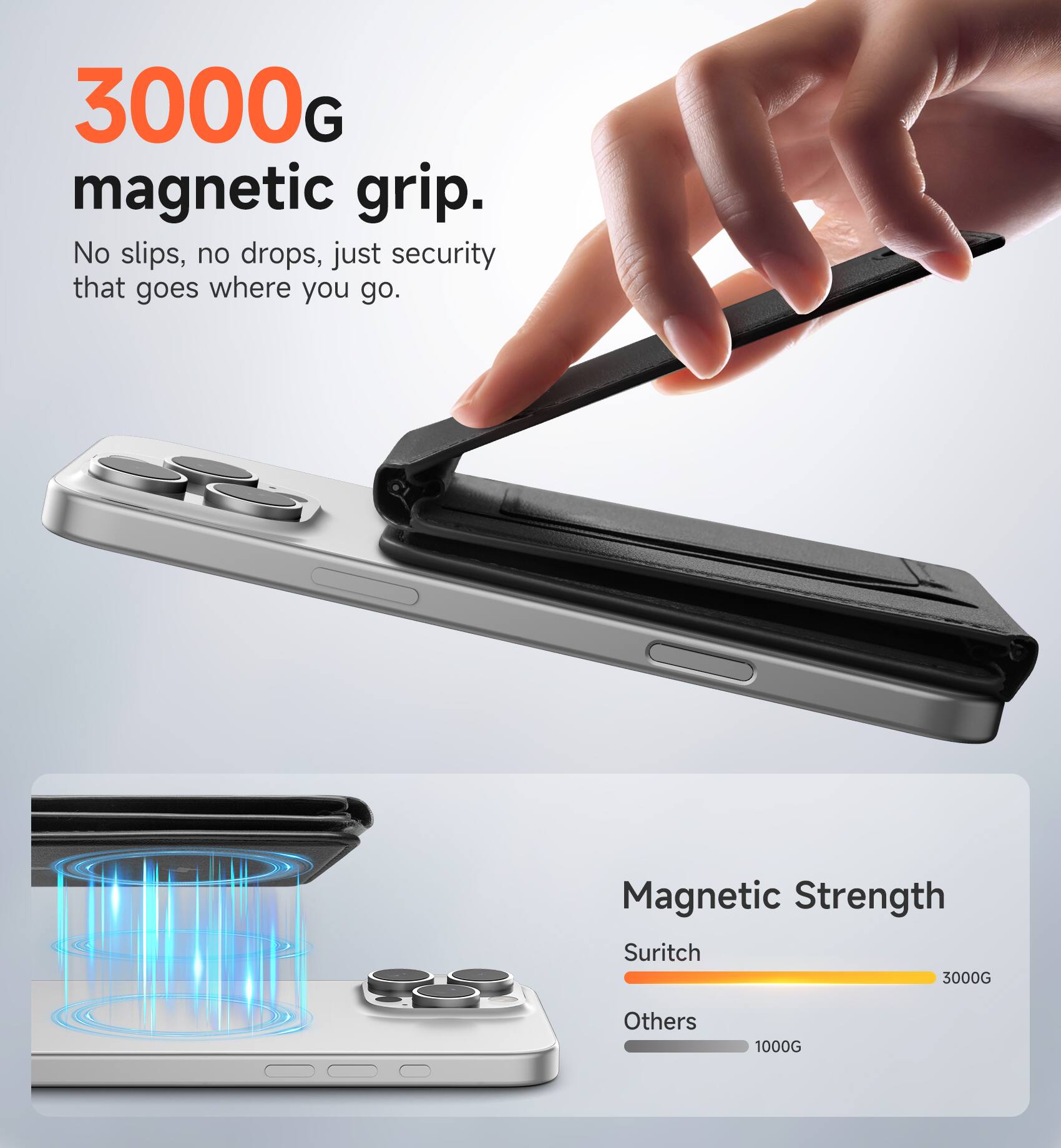 3000G magnetic grip. No slips, no drops, just security that goes where you go.

Magnetic Strength
Suritch 3000G
Others 1000G