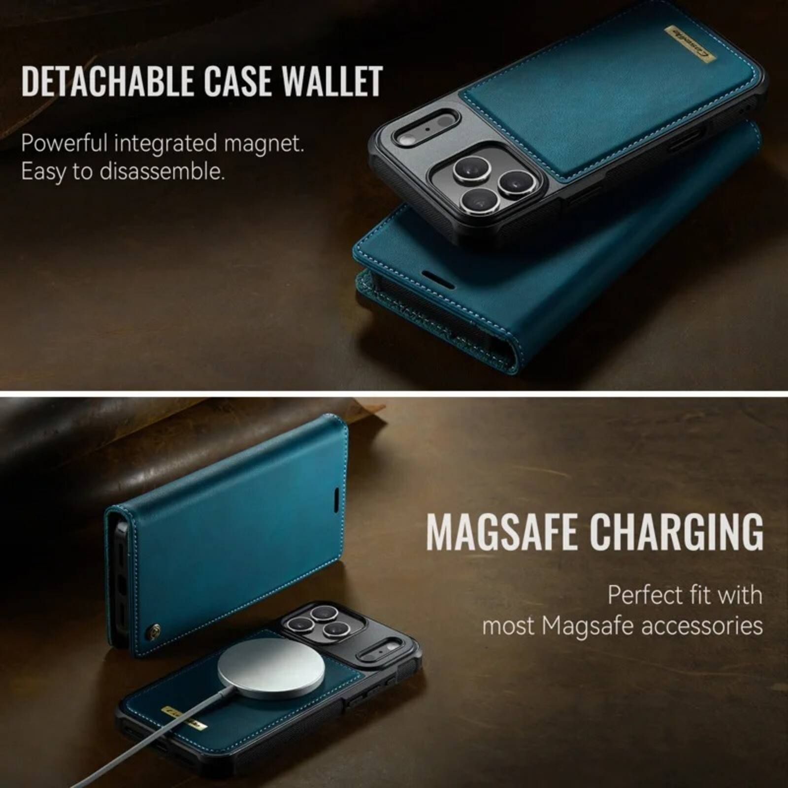 DETACHABLE CASE WALLET  
Powerful integrated magnet.  
Easy to disassemble.  

MAGSAFE CHARGING  
Perfect fit with most MagSafe accessories