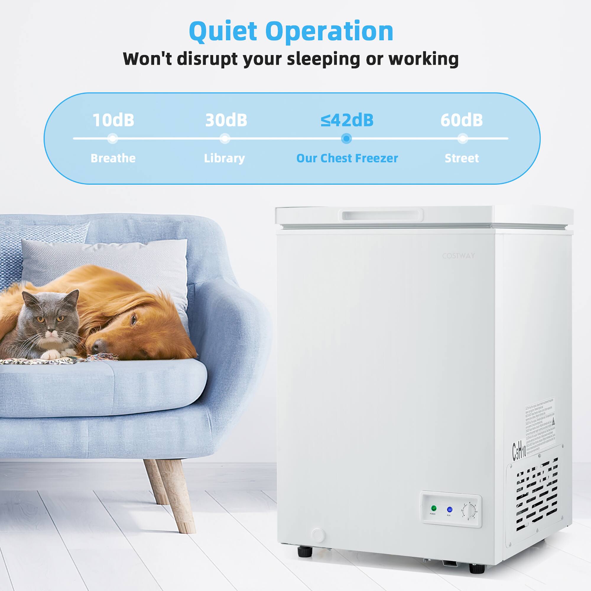 Quiet Operation: Won't disrupt your sleeping or working.
10dB, 30dB, 42dB, 60dB.
Breathe, Library, Our Chest Freezer, Street.
COSTWAY - Cali 1.