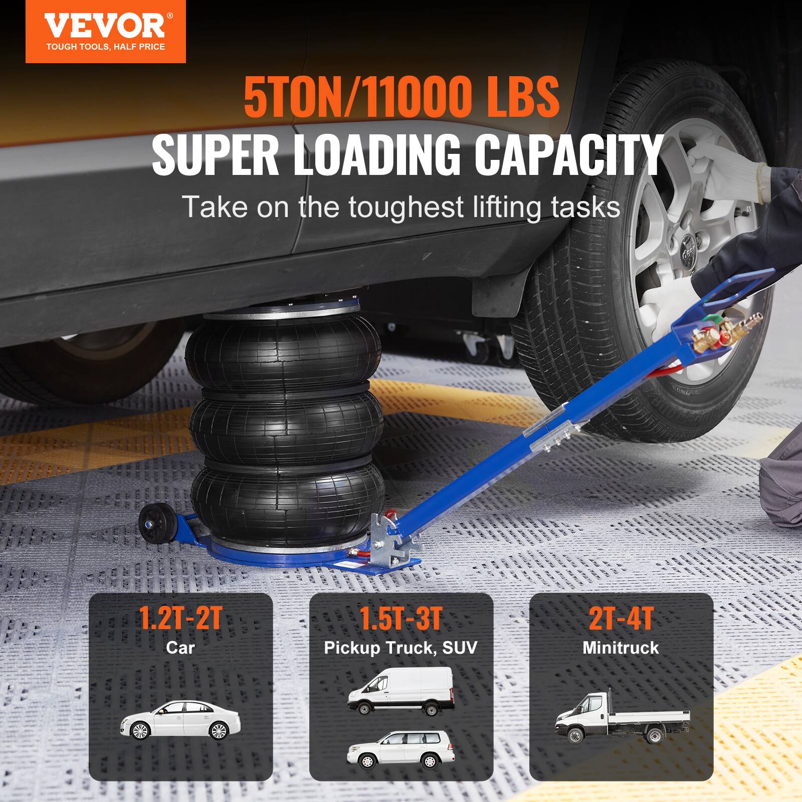 VEVOR TOUGH TOOLS, HALF PRICE

5TON/11000 LBS SUPER LOADING CAPACITY

Take on the toughest lifting tasks

1.2T-2T Car
1.5T-3T Pickup Truck, SUV
2T-4T Minitruck