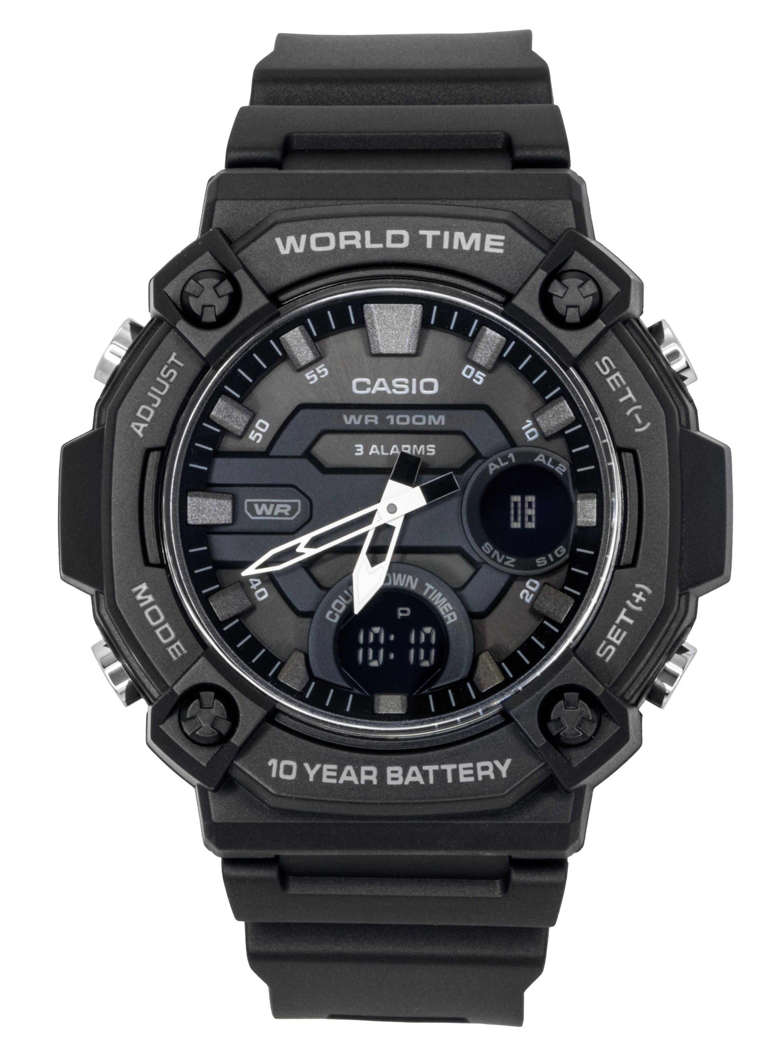 WORLD TIME ADJUST MODE 55 05 CASIO SET(-) WR 100M 50 10 3 ALARMS AL1 AL2 WR 08 SNZ SIG 40 WN 20 COU P TIMER SET(+) 10:10 10 10 YEAR BATTERY