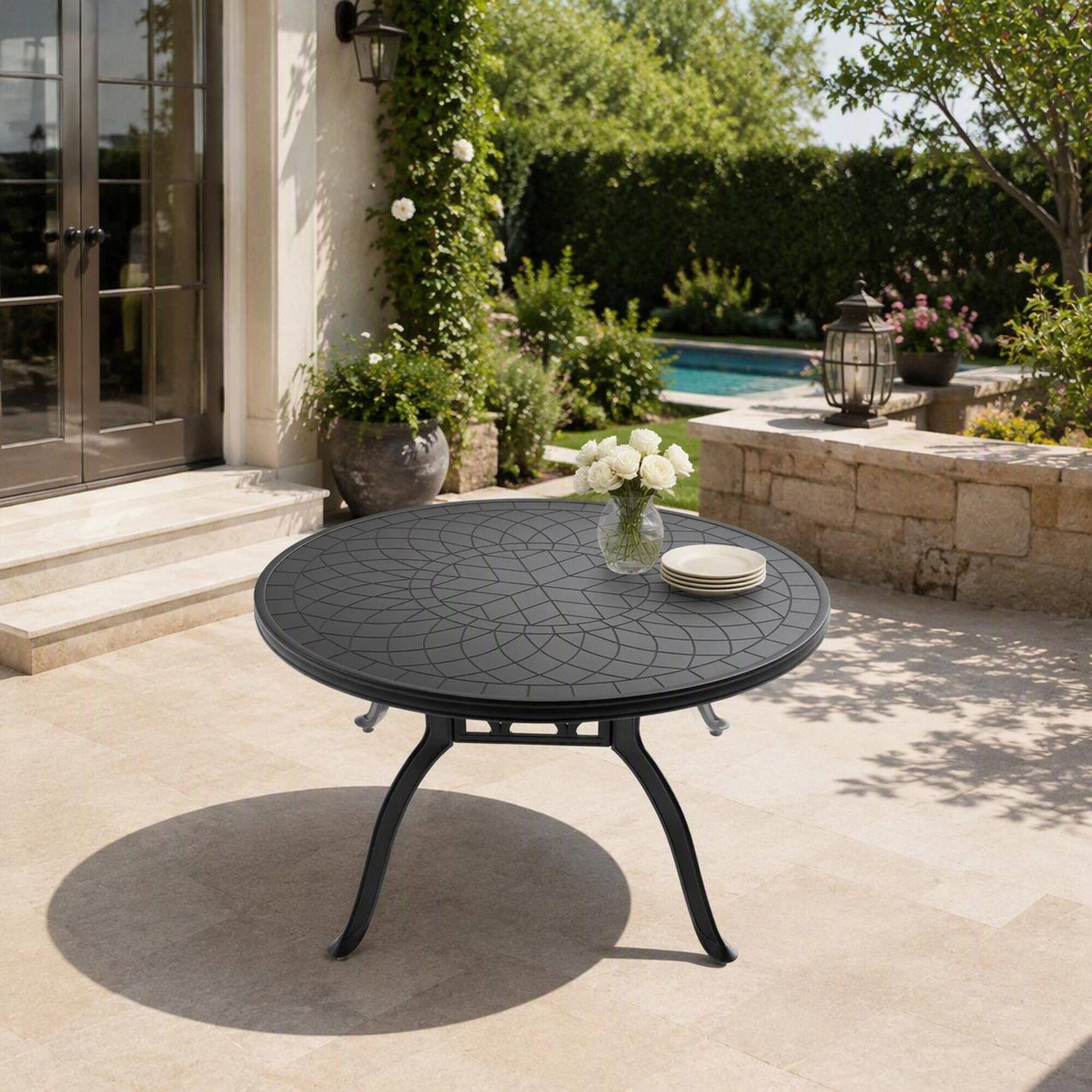 Angle. RYHNUYNE - Round Cast Aluminum Patio Dining Table 47.24", Black Outdoor Garden Bistro Furniture for Garden Deck Balcony - Black.