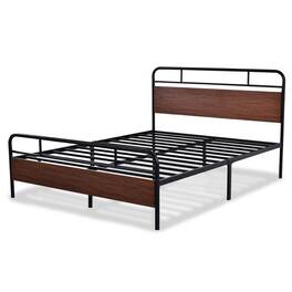 Hivvago - Queen Size Industrial Metal Wood Platform Bed Frame with Headboard and Footboard - Black,Brown