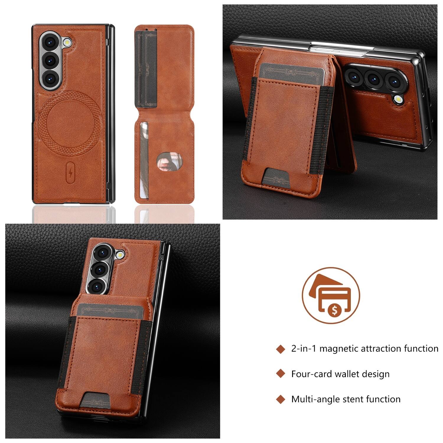 - 2-in-1 magnetic attraction function
- Four-card wallet design
- Multi-angle stent function
