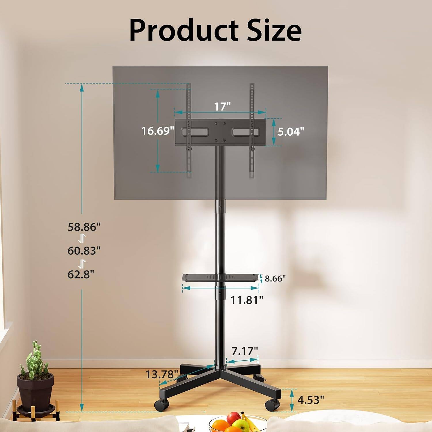 Product Size: 17" x 16.69" x 5.04"  
Height: 58.86" - 60.83" - 62.8"  
Width: 8.66"  
Depth: 11.81"  
Base: 13.78" x 7.17" x 4.53"