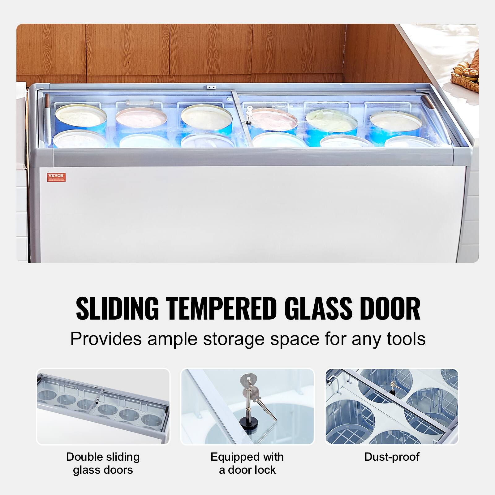 VEVUE : SLIDING TEMPERED GLASS DOOR
Provides ample storage space for any tools
Double sliding glass doors
Equipped with a door lock
Dust-proof