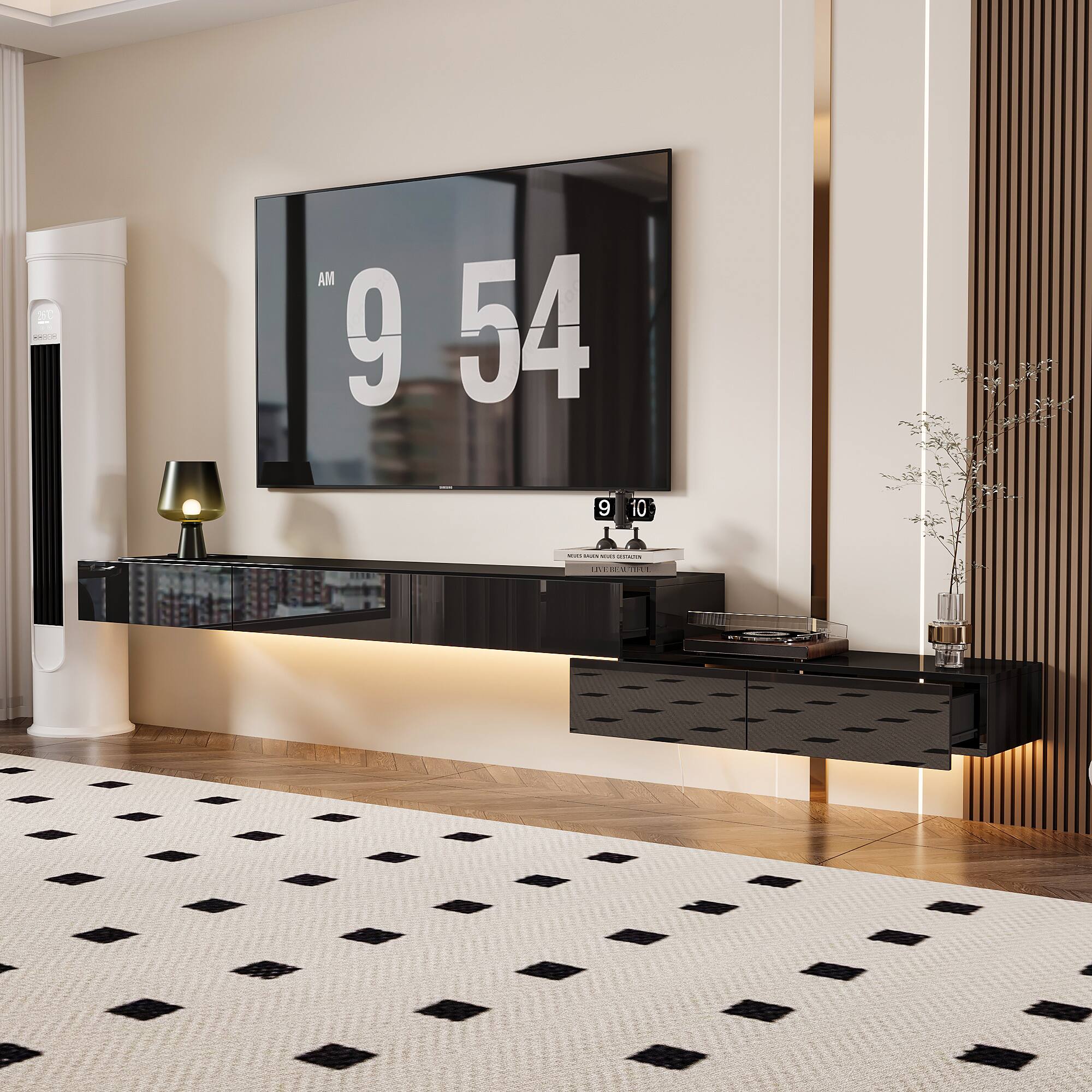 Left. Famapy - Famapy Floating TV Stand: Perfect for 60+ Inch TVs, Wall - Mounted, Multi - Install & LED - Lit Magic - Black.