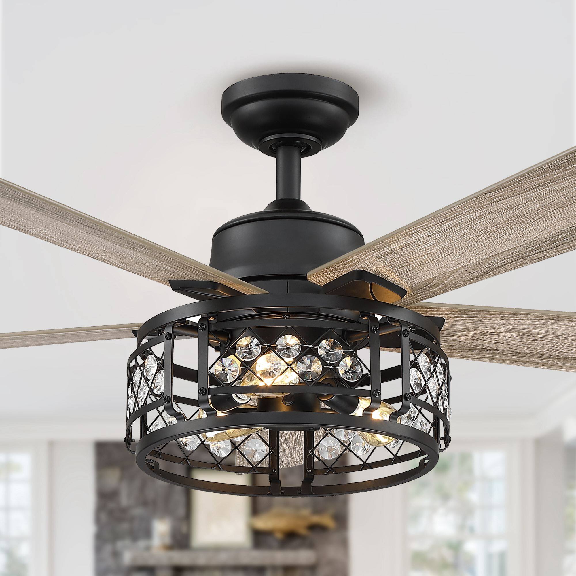 Front. Parrot Uncle - 52 in. Modern Oil Rubbed Bronze Crystal Ceiling Fan with Light and Remote - ORB.