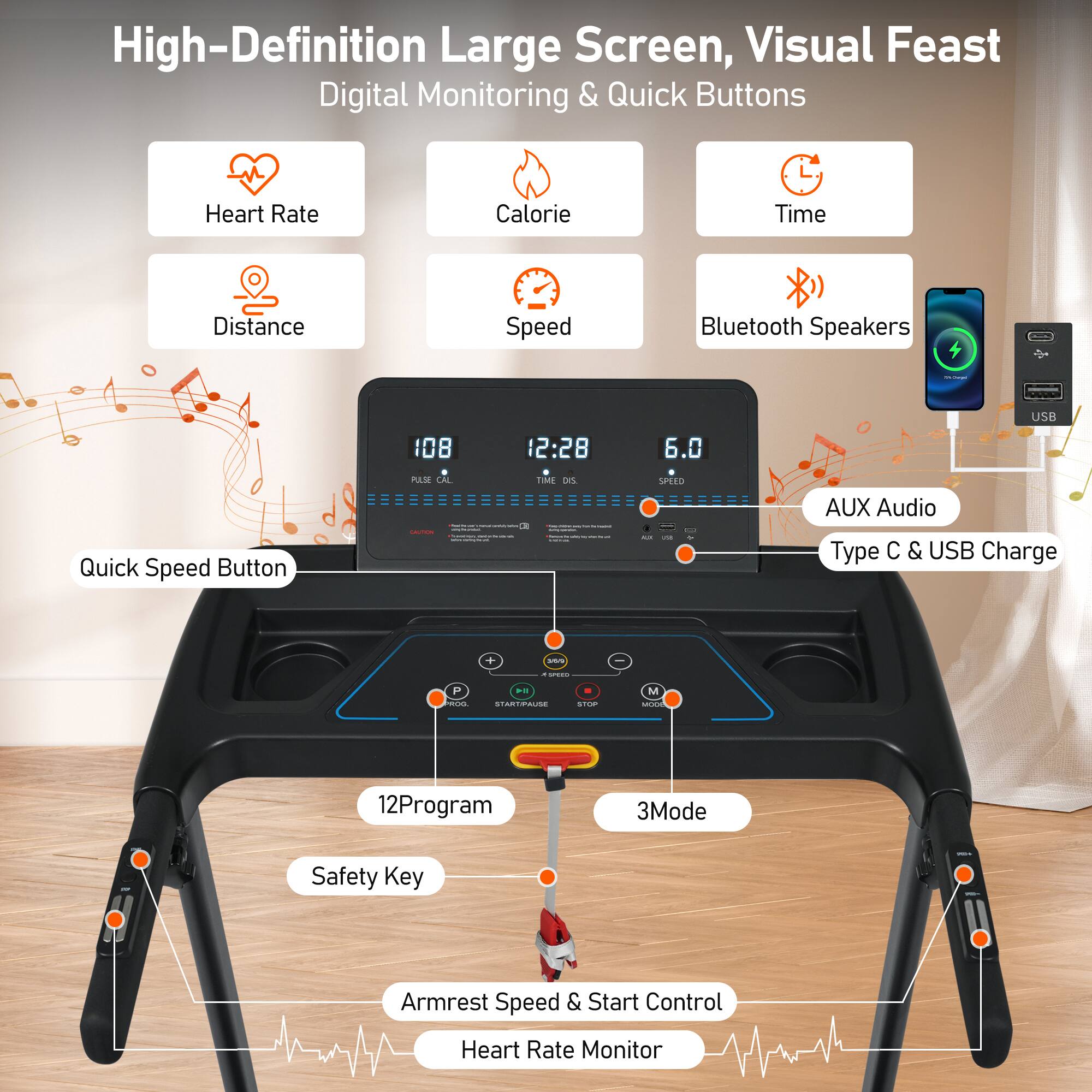 High-Definition Large Screen, Visual Feast  
Digital Monitoring & Quick Buttons  

- Heart Rate  
- Calorie  
- Time  
- Distance  
- Speed  
- Bluetooth Speakers  

- Quick Speed Button  
- 12Program  
- 3Mode  
- Safety Key  
- Armrest Speed & Start Control  
- Heart Rate Monitor  

- AUX Audio  
- Type C & USB Charge