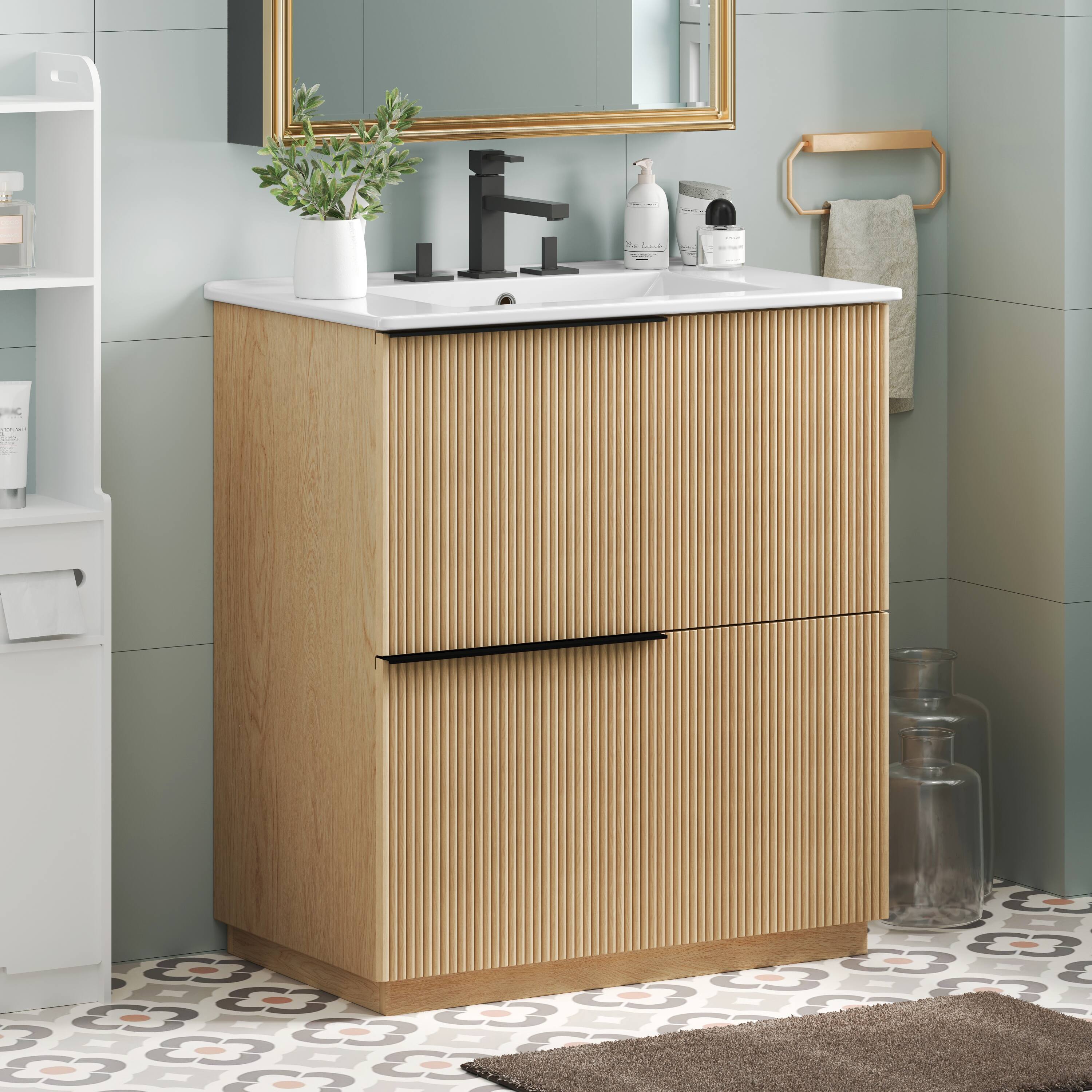 Left. Loheer - 2.5 ft Bathroom Vanity with Ceramic Sink and Soft-Close Drawers - Natural.