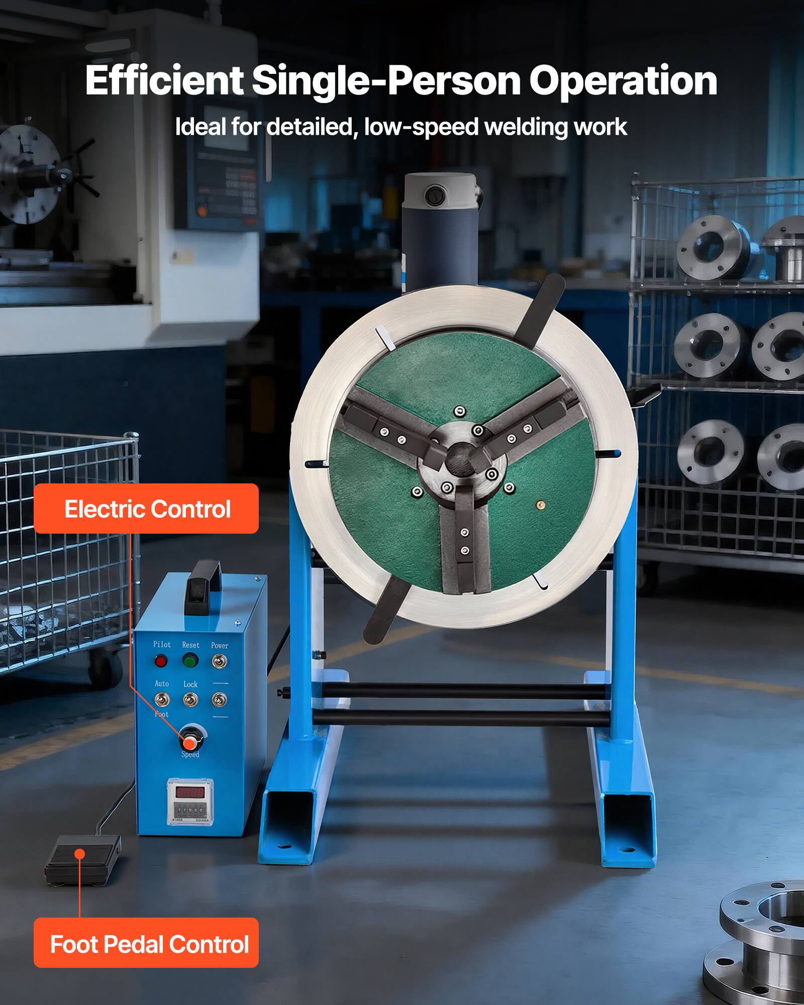 Efficient Single-Person Operation  
Ideal for detailed, low-speed welding work  

Electric Control  

Foot Pedal Control