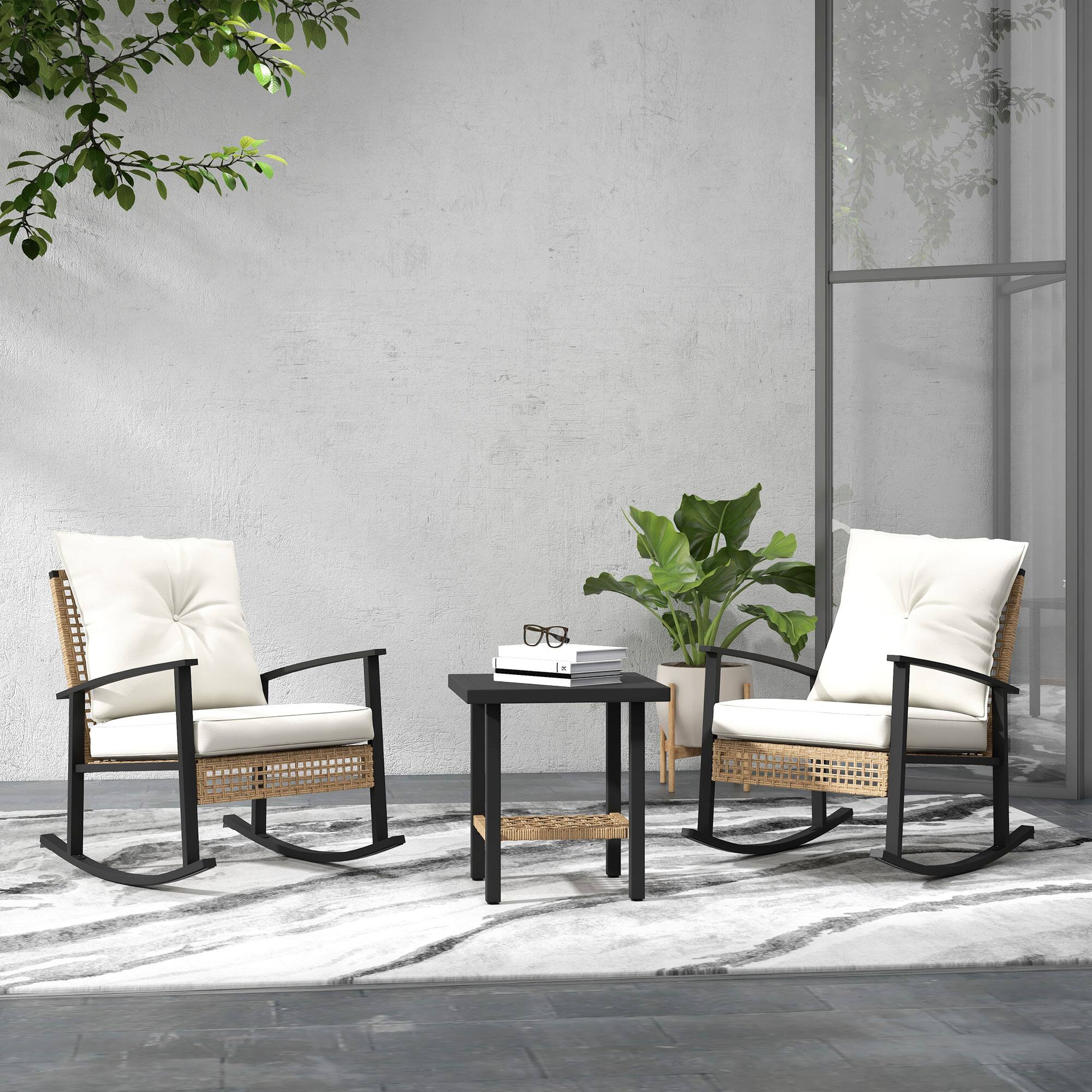 Alt View 1. Outsunny - Pieces Bistro Set, Patio Wicker Furniture Set with Button Tufted Cushions, Rattan Rocking Chairs - White.