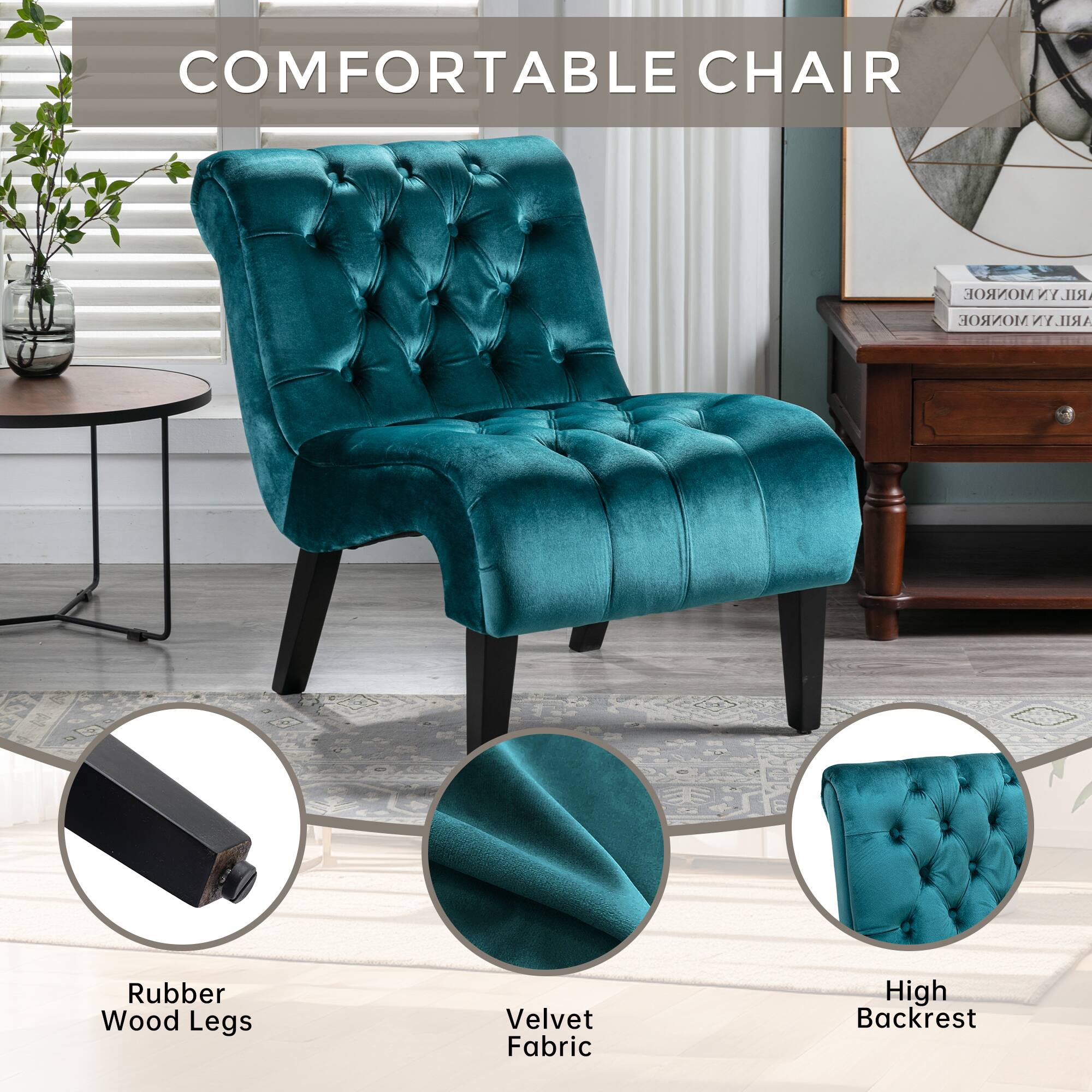 COMFORTABLE CHAIR

- Rubber Wood Legs
- Velvet Fabric
- High Backrest