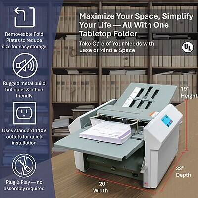 Removeable Fold Plates to reduce size for easy storage

Maximize Your Space, Simplify Your Life - All With One Tabletop Folder

Take Care of Your Needs with Ease of Mind & Space

Rugged metal build but quiet & office friendly

19" Height

Uses standard 110V outlets for quick installation

Plug & Play - no assembly required

20" Width

33" Depth