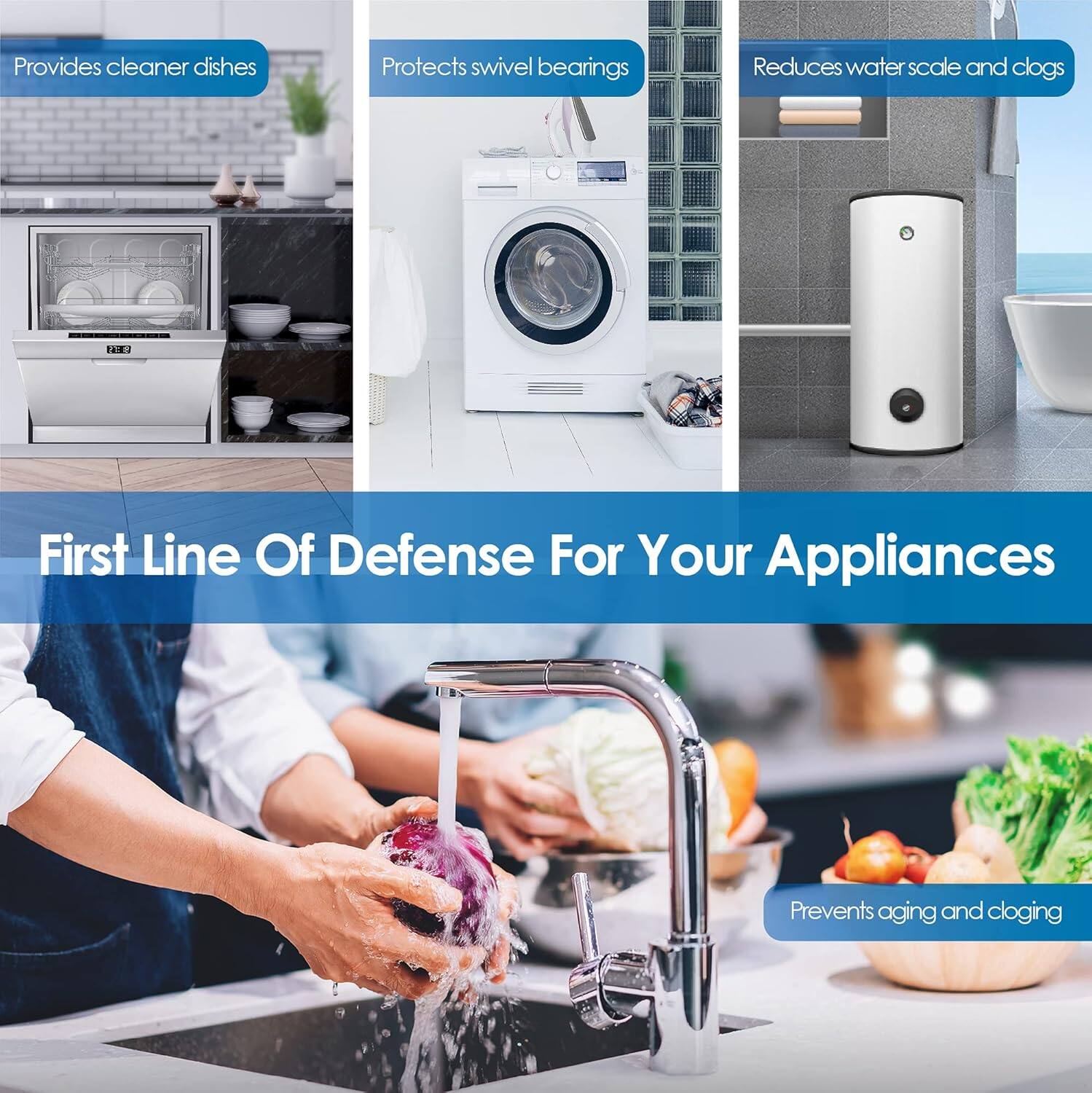 Provides cleaner dishes  
Protects swivel bearings  
Reduces water scale and clogs  
First Line Of Defense For Your Appliances  
Prevents aging and clogging